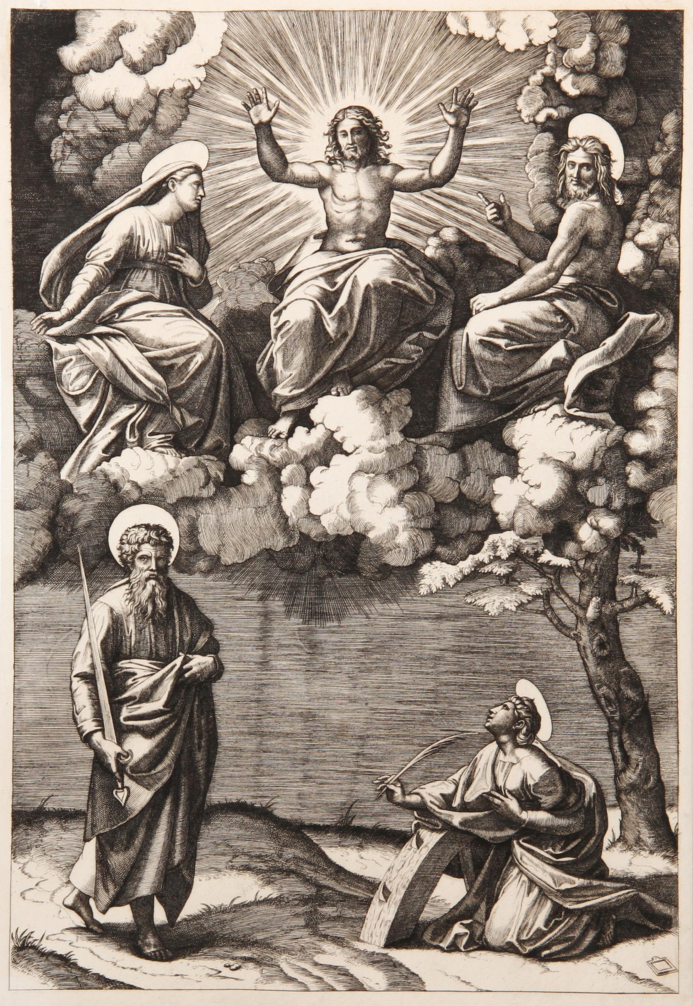  Marcantonio Raimondi, D'après Amand Durand, Italien (1480 - 1534) - La pièce dite des cinq Saints, Année : 1875, Support : Héliogravure, Format : 17,5  x 11.75 in. (44.45  x 29,85 cm), Imprimeur : Amand Durand, Description : Le graveur et peintre