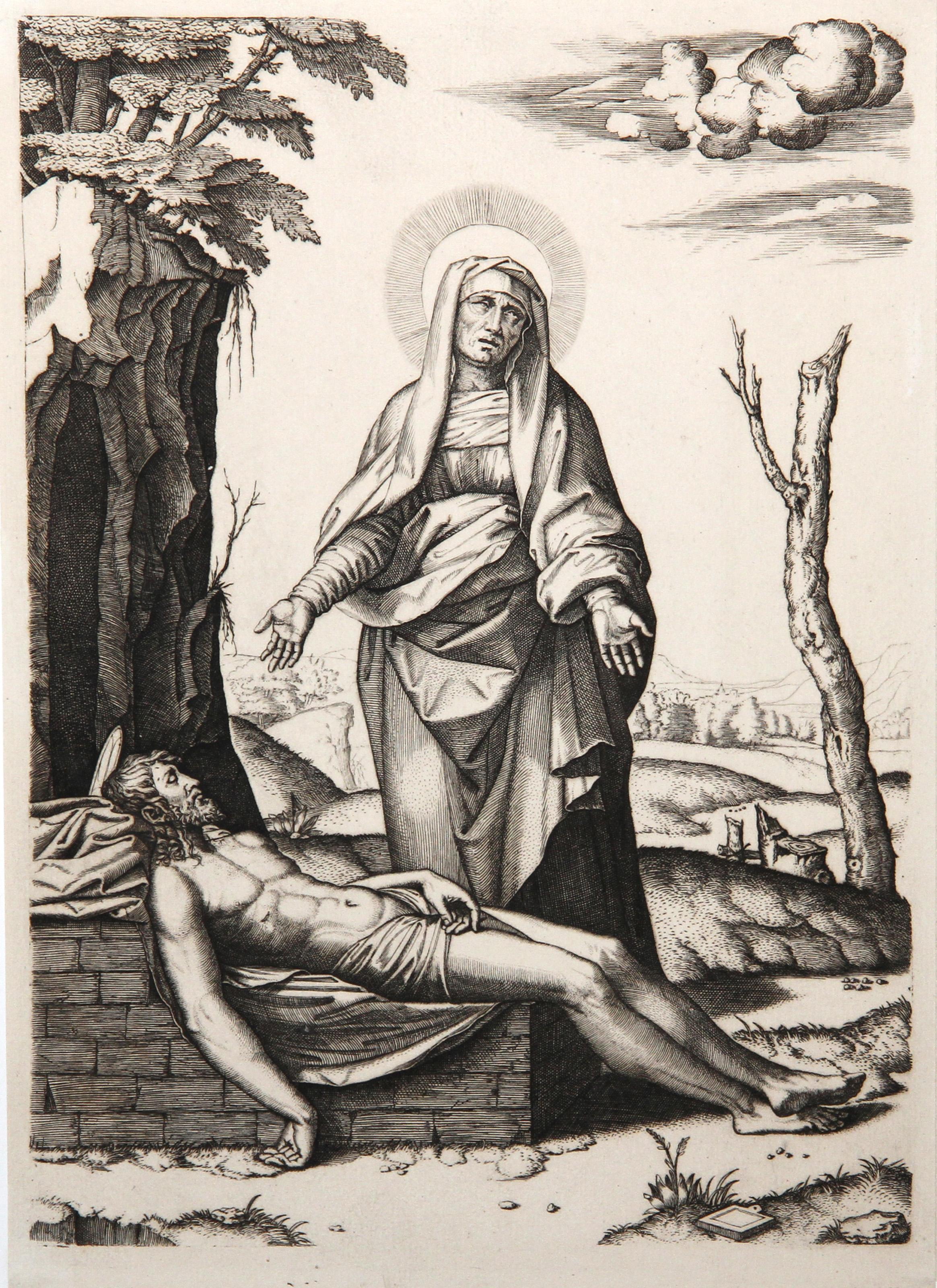 La Vierge pleurant le corps mort de Jésus-Christ, héliogravure - Print de Marcantonio Raimondi