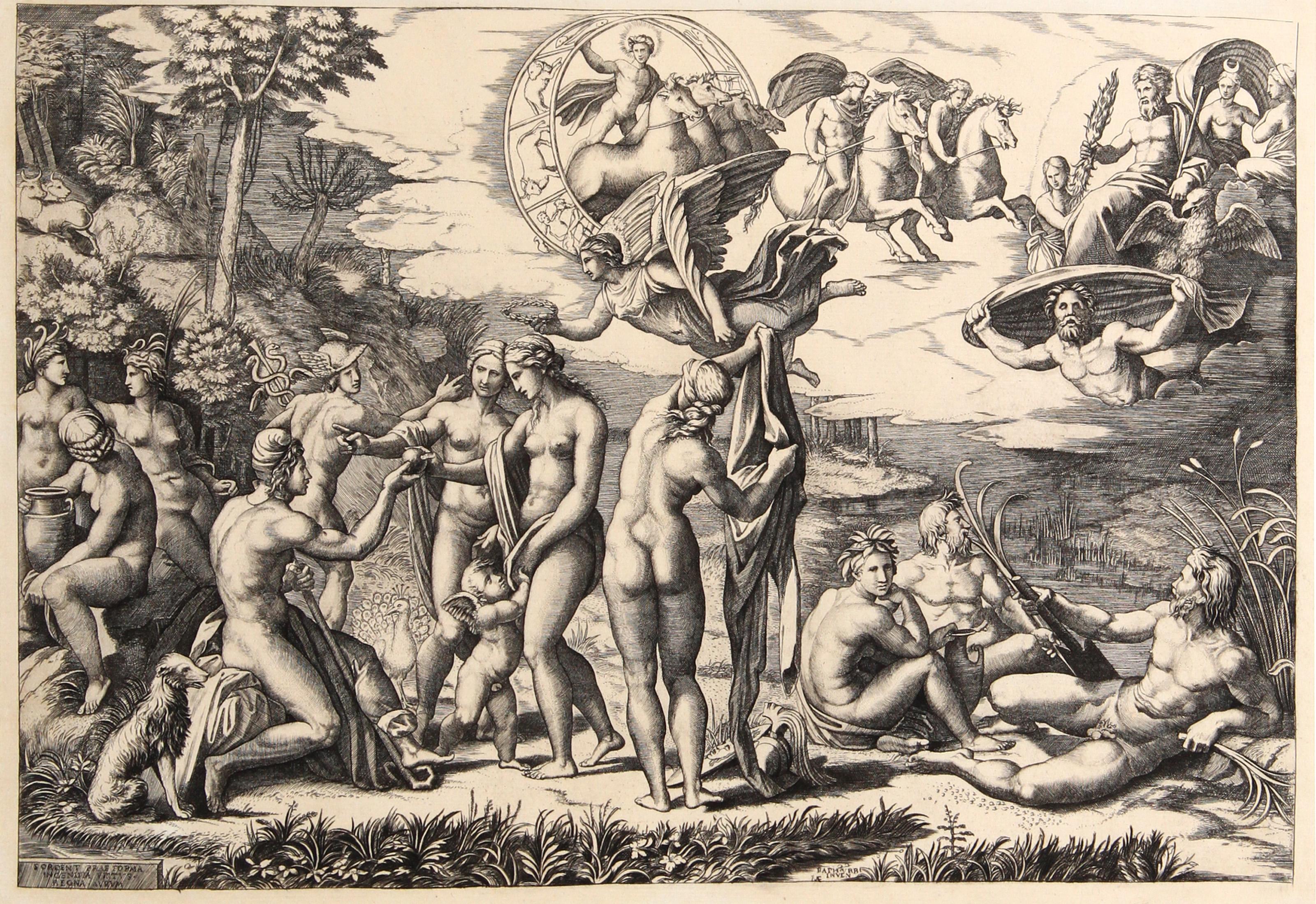  Marcantonio Raimondi, Dopo Amand Durand, Italiano (1480 - 1534) - Le jugement de Paris, Anno: 1875, Medium: Heliogravure, Dimensioni: 12.25  x 17.5 in. (31.12  x 44,45 cm), Stampatore: Amand Durand, Descrizione: L'incisore e pittore francese
