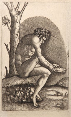 L'homme examinant la blessure de son pied, Heliogravure by Marcantonio Raimondi
