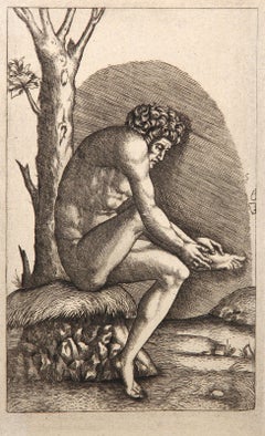 L'homme examinant la blessure de son pied, Eliografia di Marcantonio Raimondi