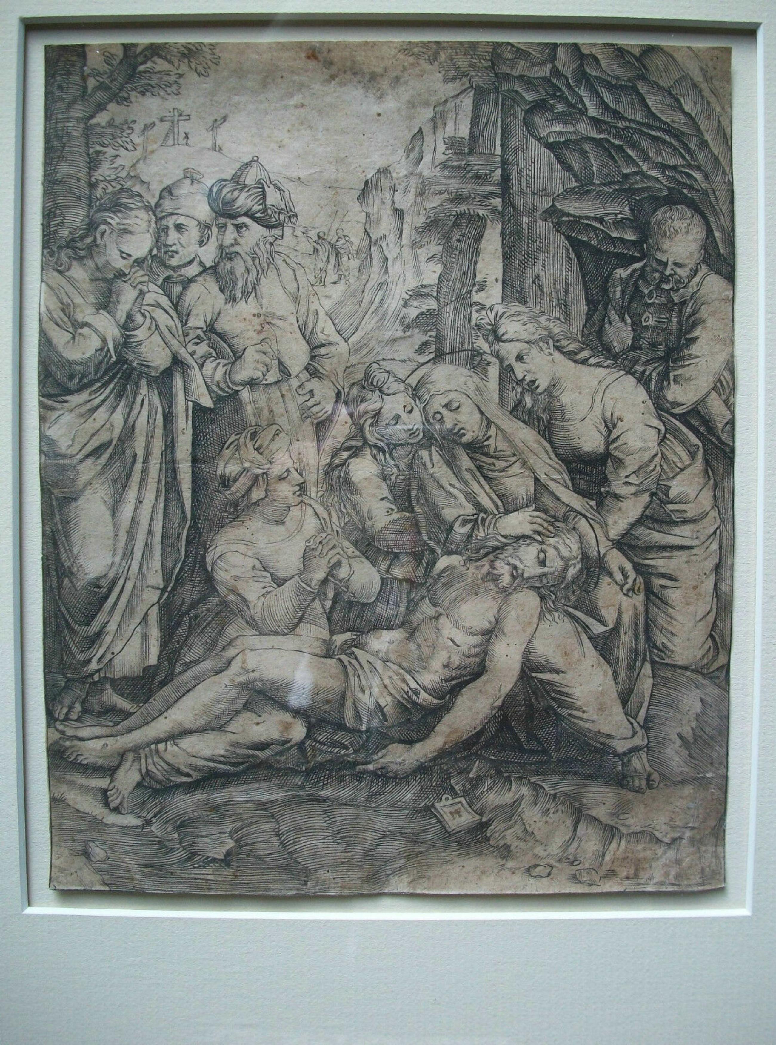 A very rare - finest quality - mid 16th century Italian Renaissance engraving (after Raphael) by an anonymous pupil of MARCANTONIO RAIMONDI (1480-1534) - titled 'Weeping Marys on the Body of Christ' or 'Lamentation'. Collector's Initials - MF -