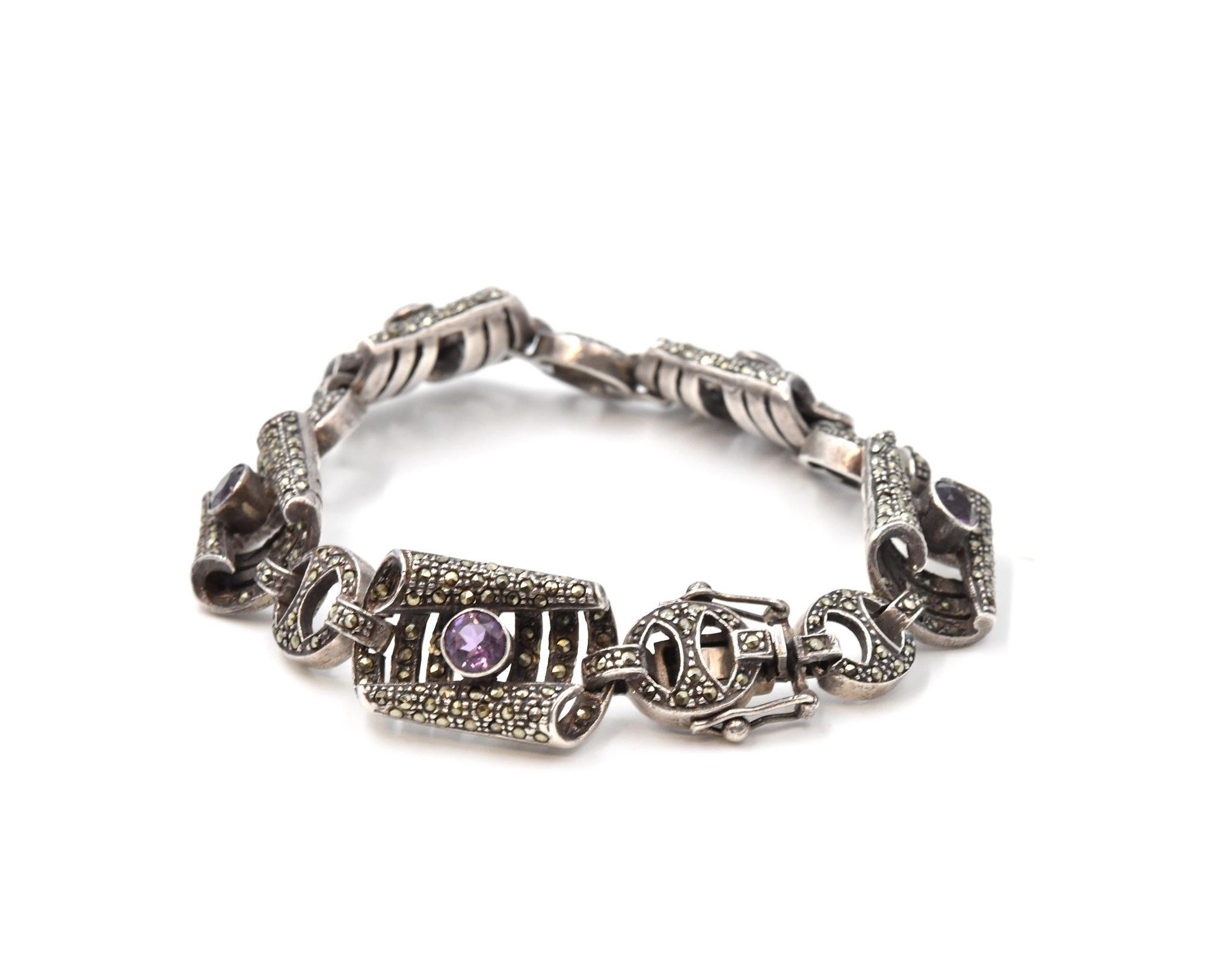Marcasite and Amethyst Sterling Silver Bracelet In Good Condition In Scottsdale, AZ
