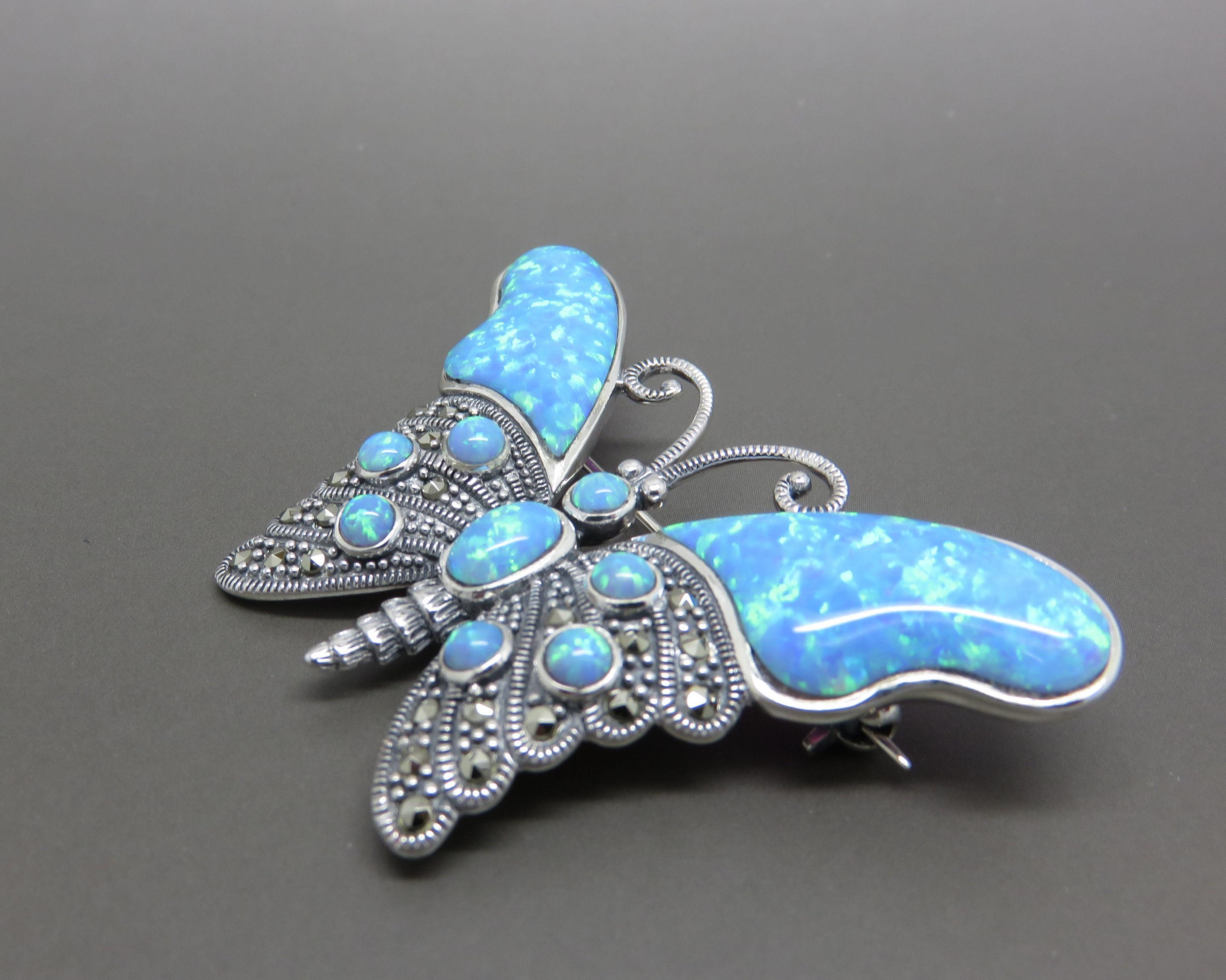 English Marcasite and Blue Opal, Silver Butterfly Brooch For Sale