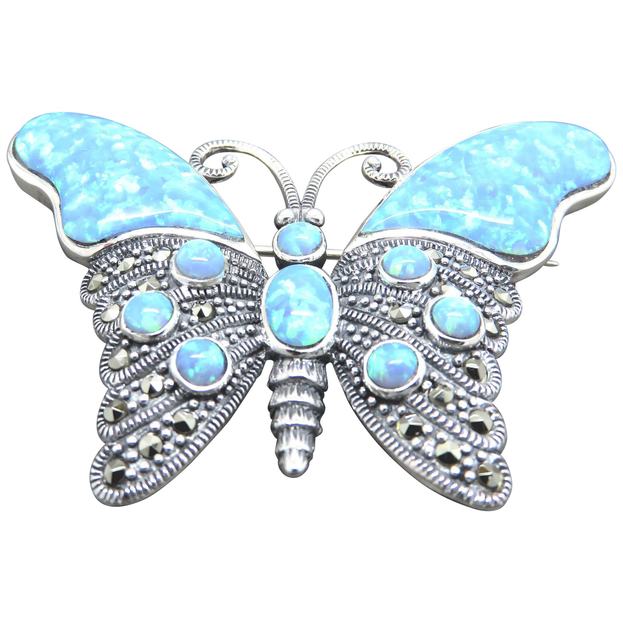Marcasite and Blue Opal, Silver Butterfly Brooch For Sale