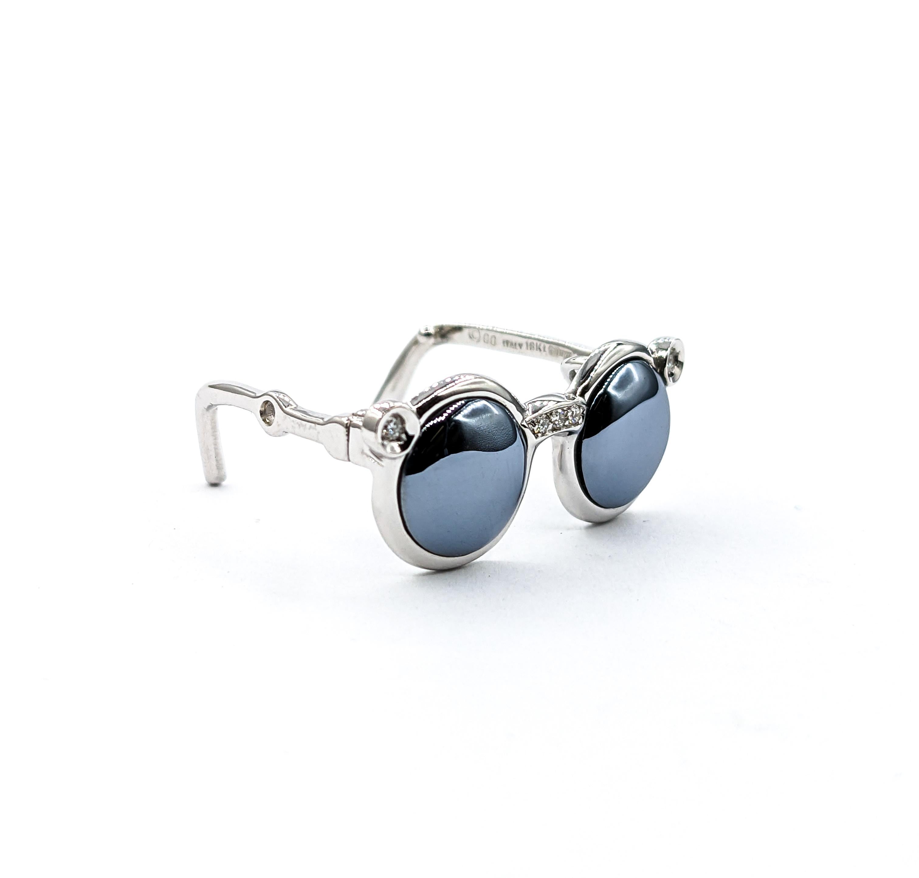Women's or Men's Marcasite & Diamond Sunglasses Pendant In 18k White Gold For Sale
