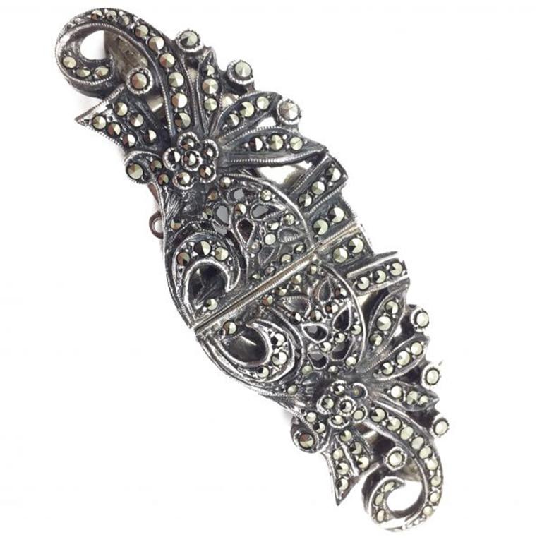 Women's Marcasite Vintage Double Dress Clip Brooch English Silver 1930s