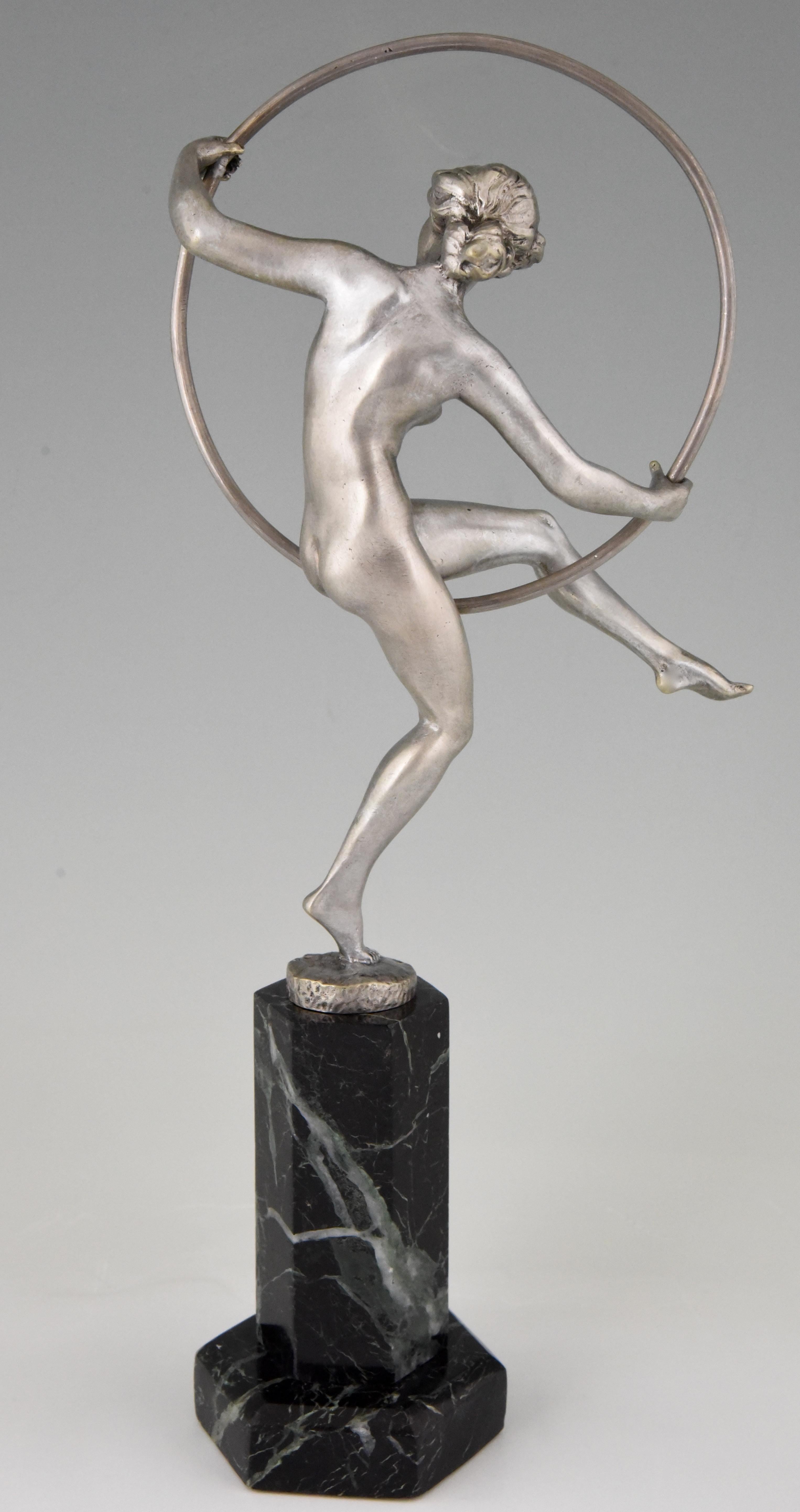 Patinated Marcel André Bouraine  Art Deco Bronze Sculpture Nude Hoop Dancer 1920 France
