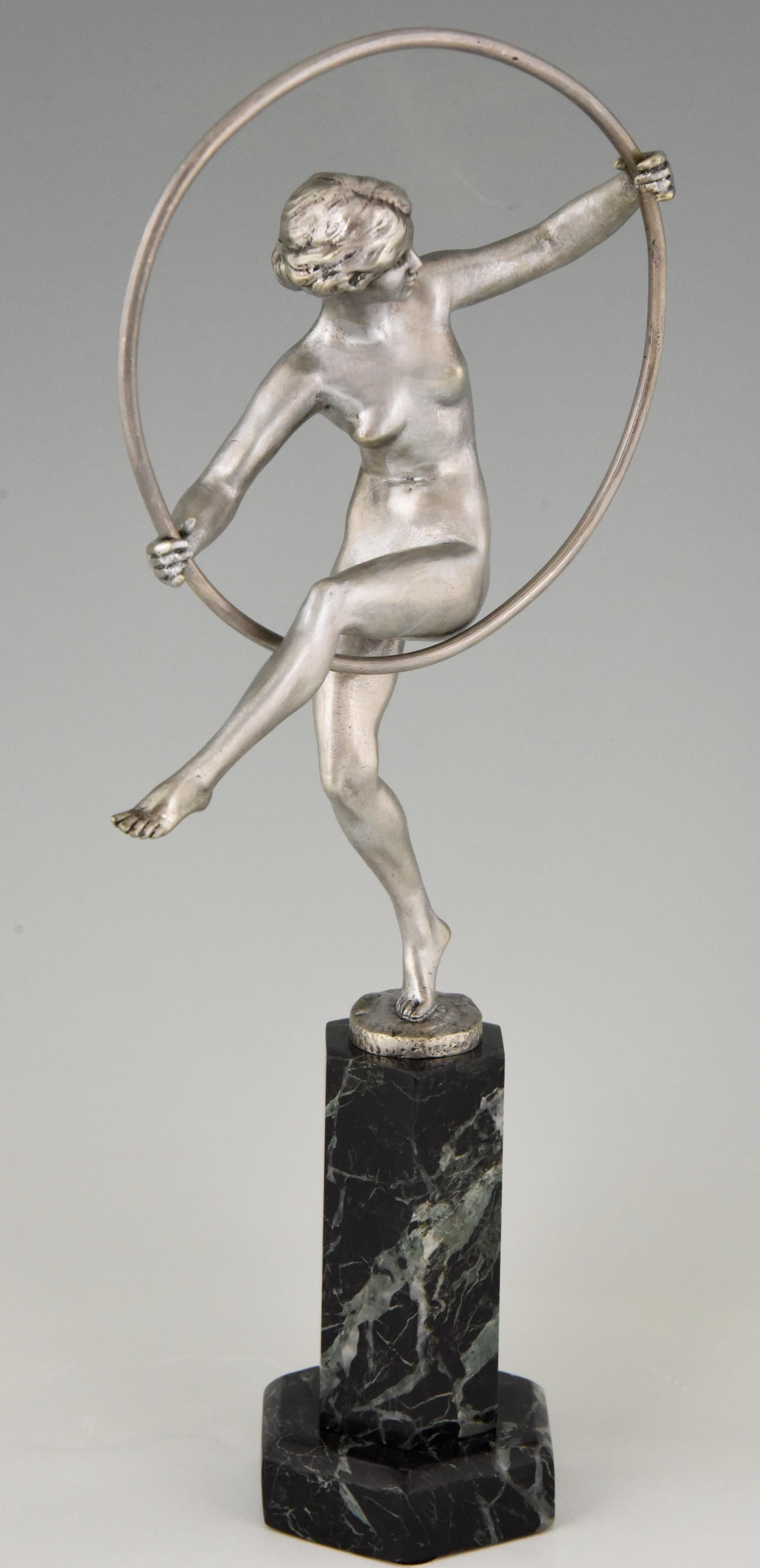 20th Century Marcel André Bouraine  Art Deco Bronze Sculpture Nude Hoop Dancer 1920 France
