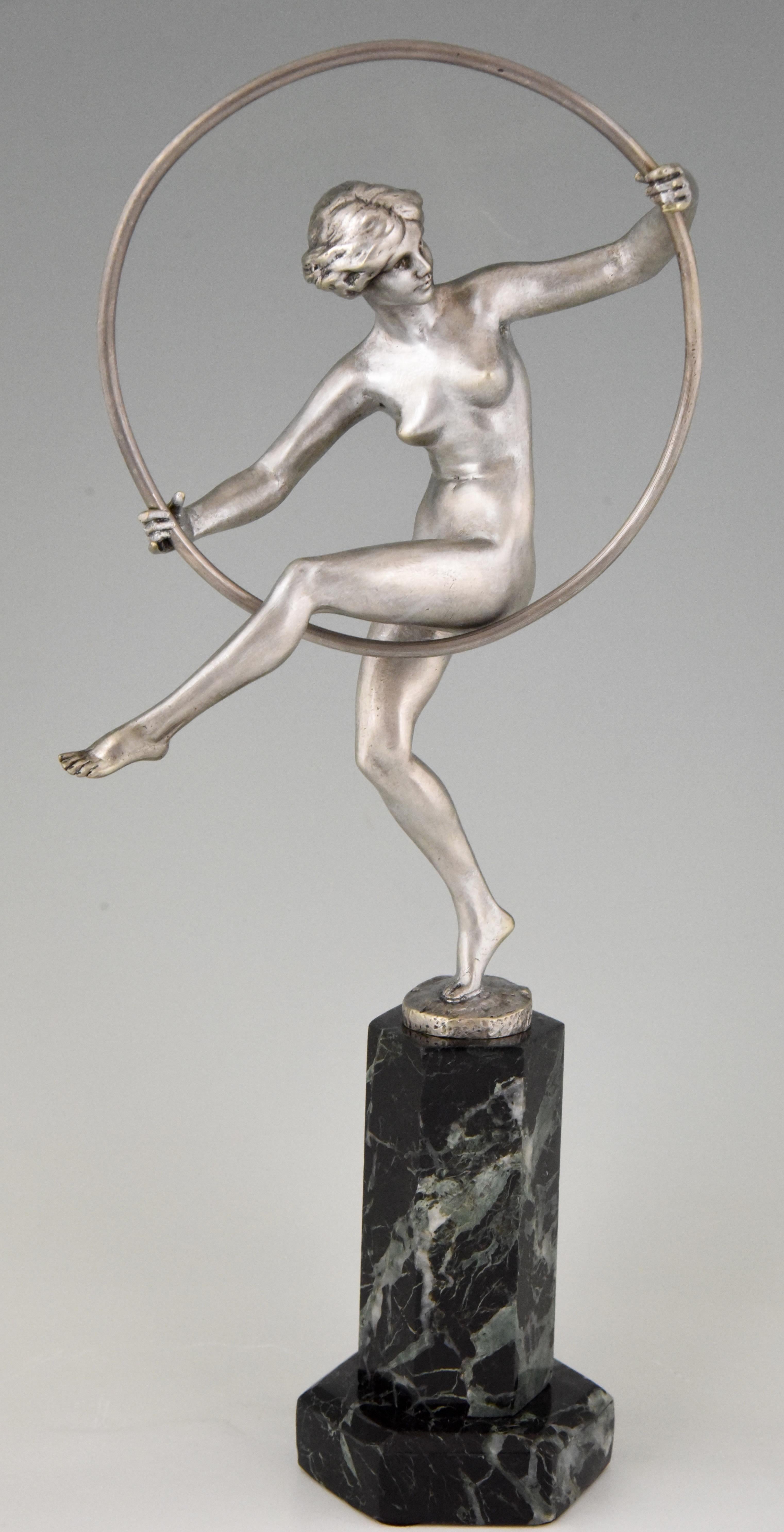 Marcel André Bouraine  Art Deco Bronze Sculpture Nude Hoop Dancer 1920 France 1