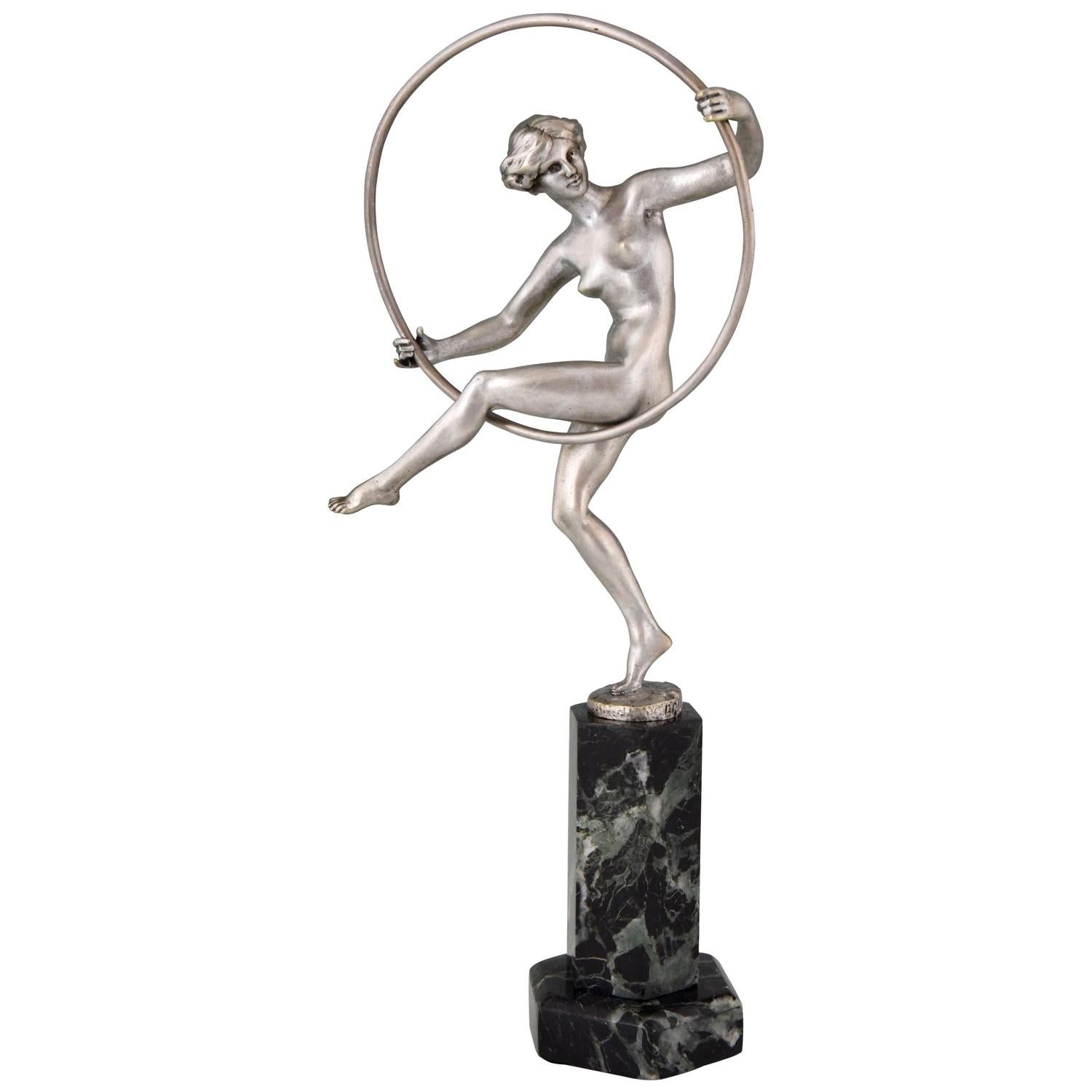 Marcel André Bouraine  Art Deco Bronze Sculpture Nude Hoop Dancer 1920 France