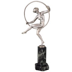 Marcel André Bouraine  Art Deco Bronze Sculpture Nude Hoop Dancer 1920 France