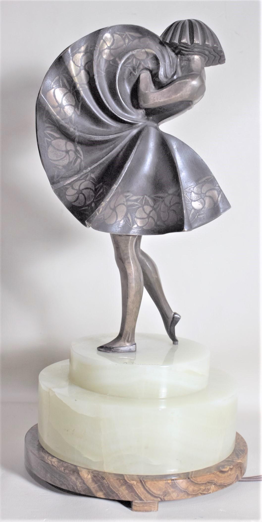 Bronze Sculpture Art déco Marcel Andre Bouraine en bronze argenté d'une jeune fille dansant en vente