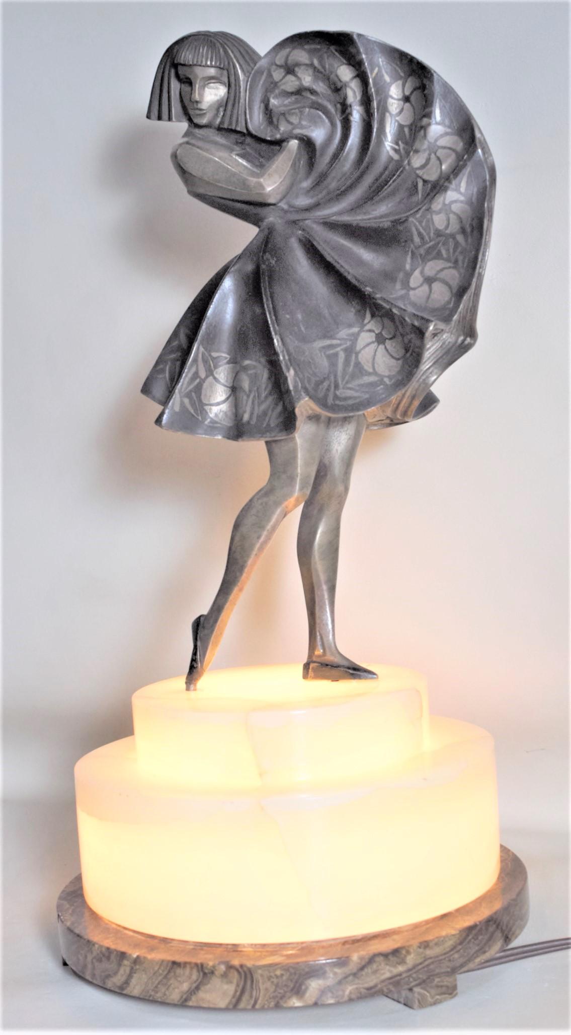 French Marcel Andre Bouraine Art Deco Silvered Bronze Lighted Sculpture Dancing Girl For Sale