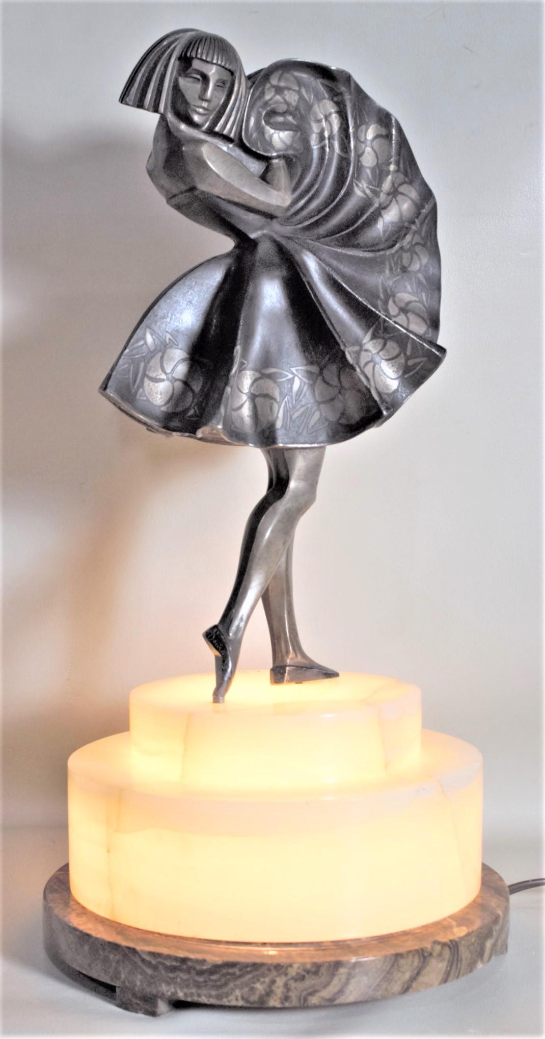 Marcel Andre Bouraine Art Deco Silvered Bronze Lighted Sculpture Dancing Girl In Good Condition For Sale In Hamilton, Ontario