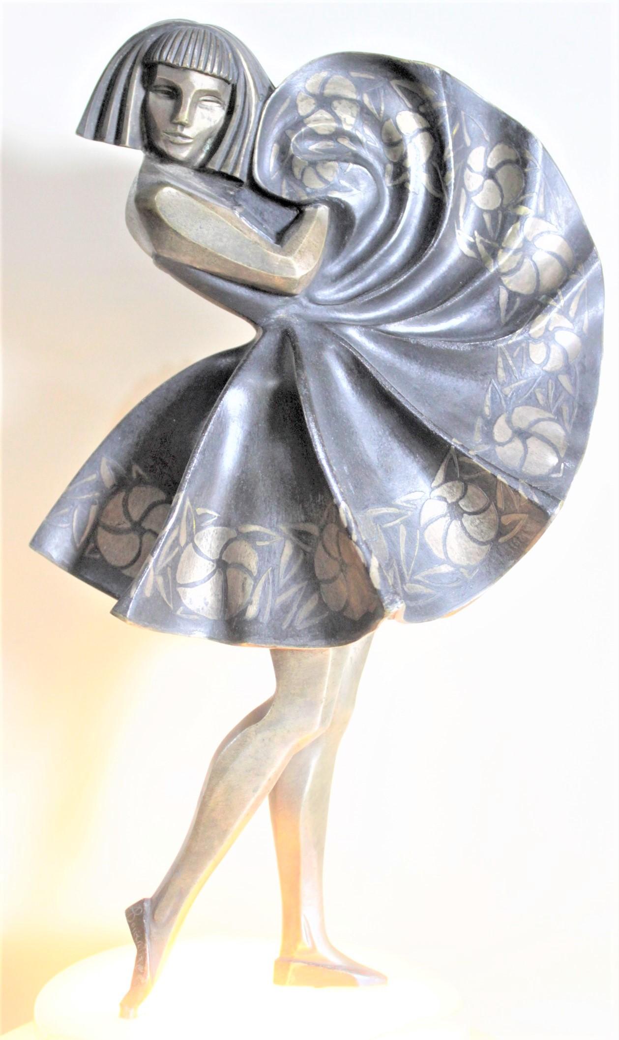 Marcel Andre Bouraine Art Deco Silvered Bronze Lighted Sculpture Dancing Girl For Sale 1