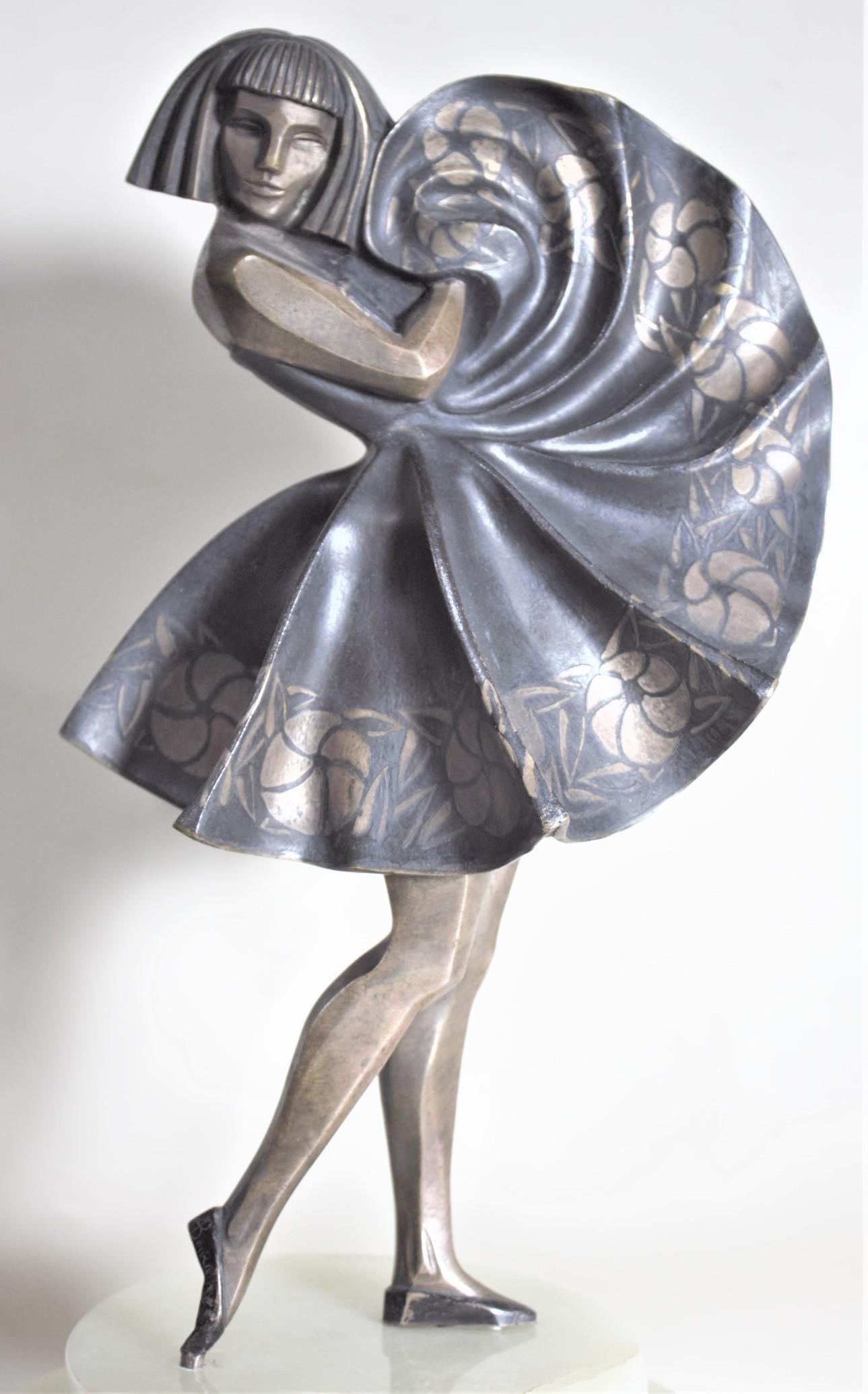 Marcel Andre Bouraine, versilberte Bronzeskulptur eines tanzenden Mädchens, Art déco, beleuchtete Skulptur im Angebot 2