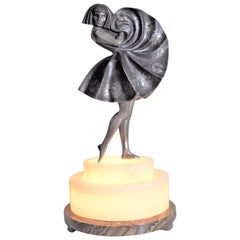 Antique Marcel Andre Bouraine Art Deco Silvered Bronze Lighted Sculpture Dancing Girl