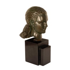 Antique French Art Deco Bronce Busto Escultura Cabeza de Hermosa Joven 1920