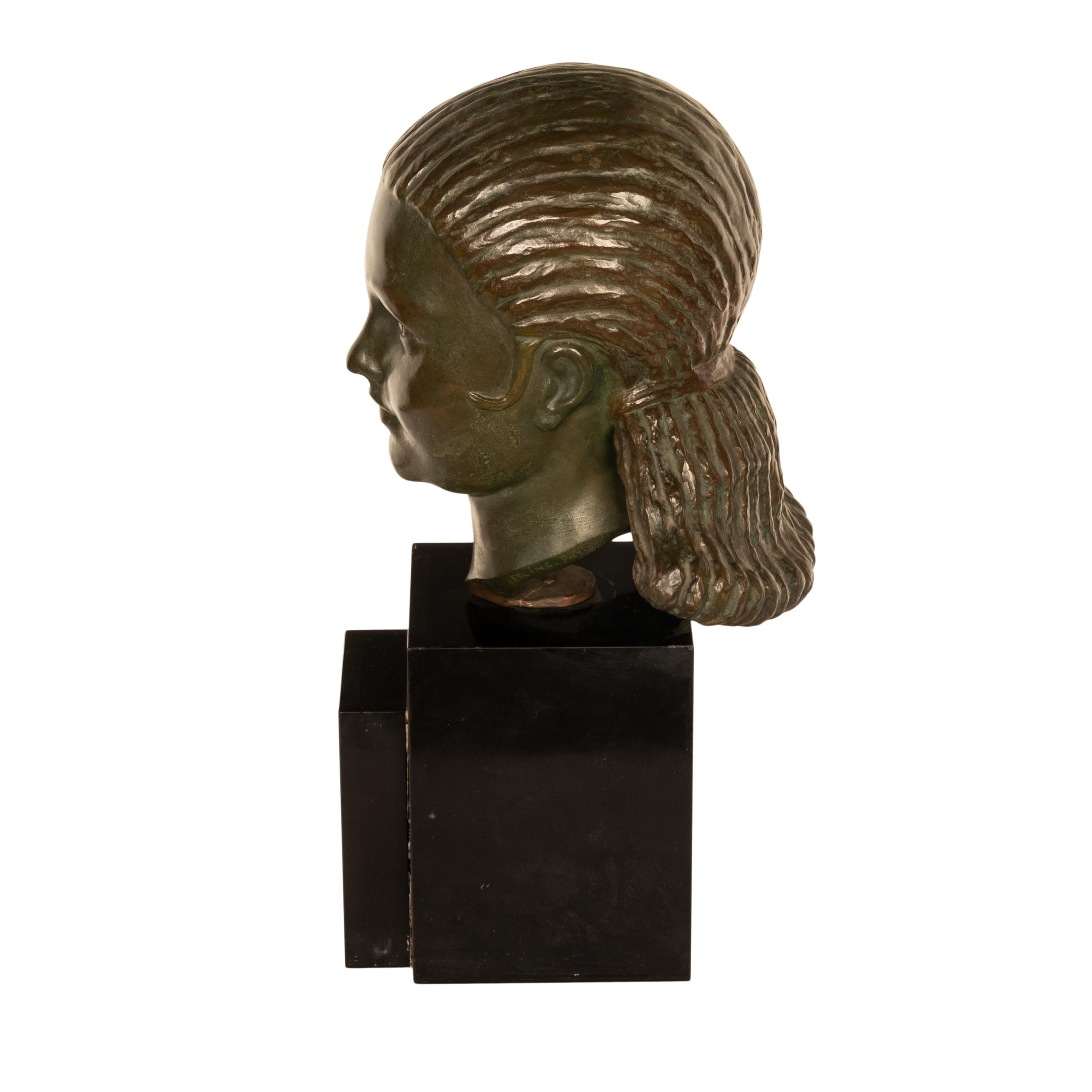 Antique French Art Deco Bronzo Busto Scultura Testa di Bella Ragazza 1920 in vendita 2