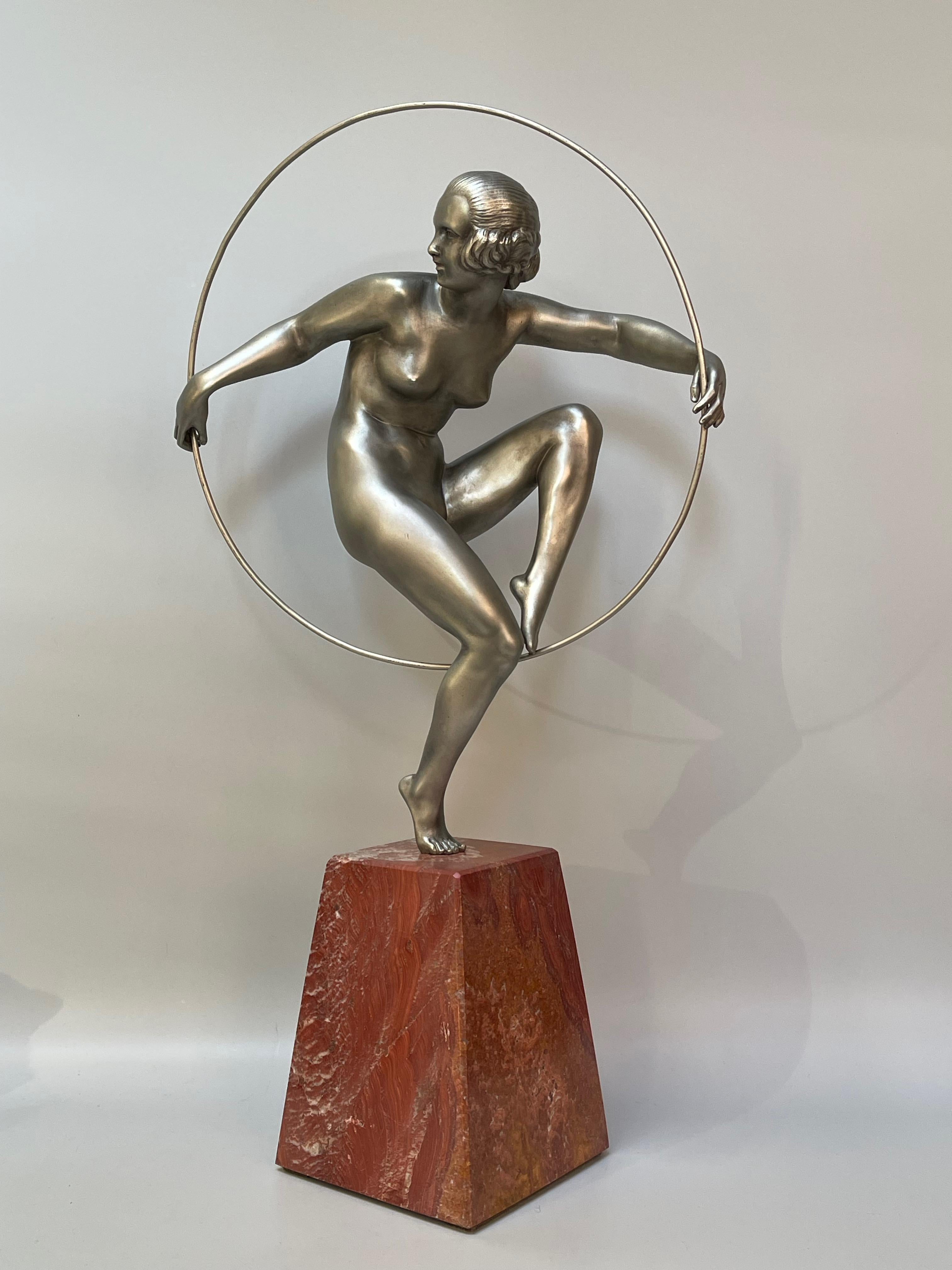 Marcel André Bourraine Bronze Art Deco Dancer with Hoops For Sale 7