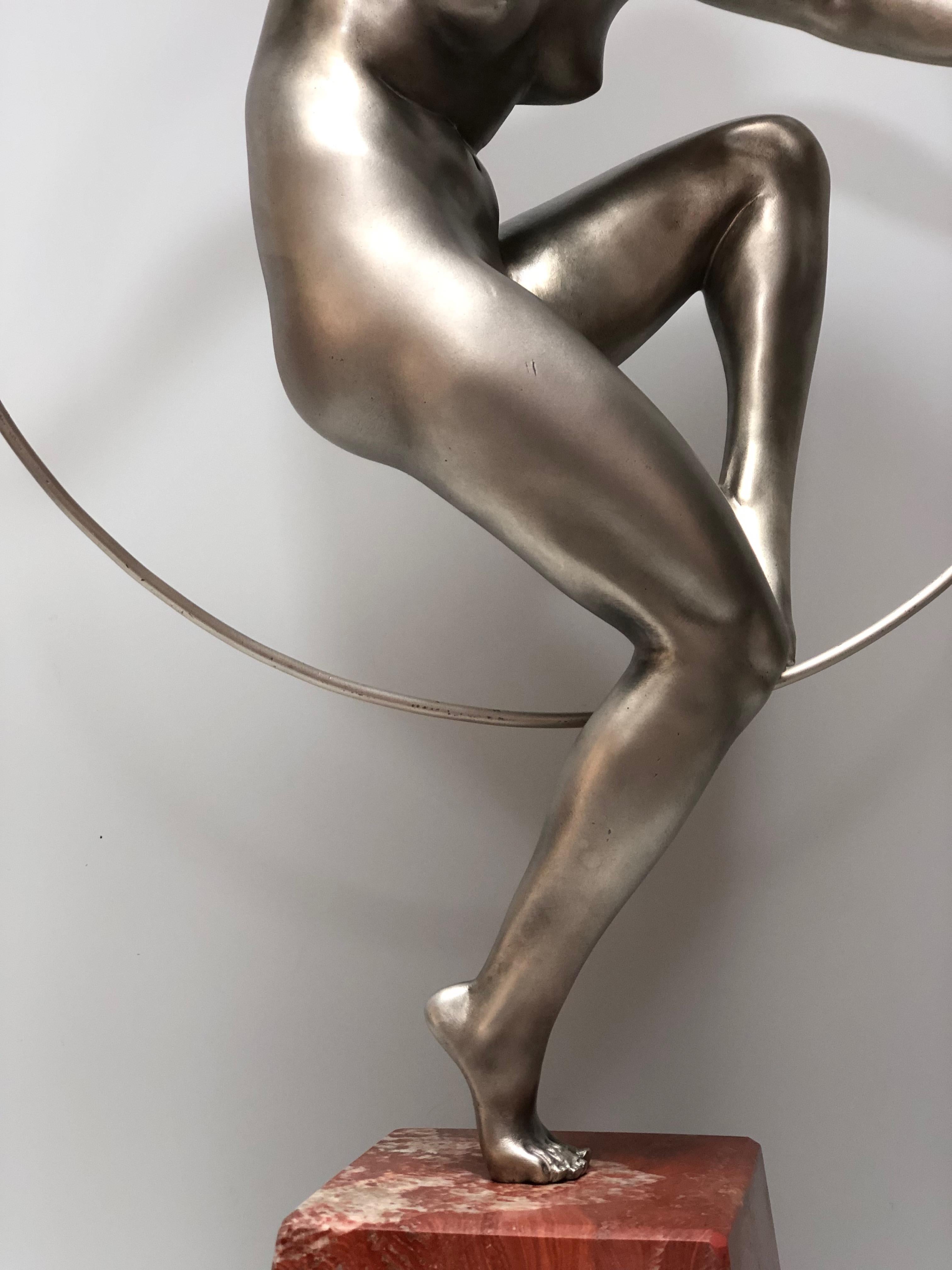 French Marcel André Bourraine Bronze Art Deco Dancer with Hoops