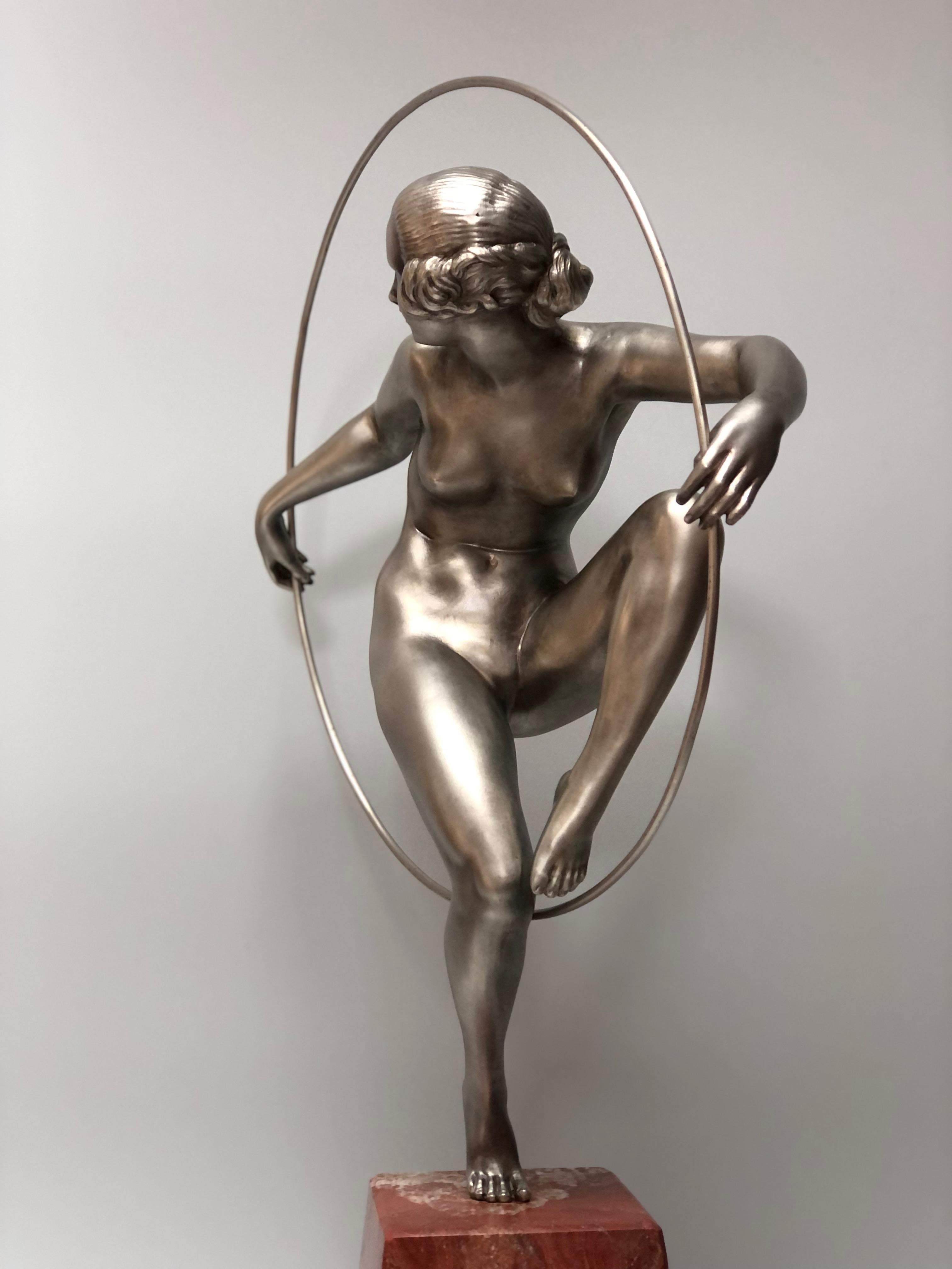 20th Century Marcel André Bourraine Bronze Art Deco Dancer with Hoops For Sale