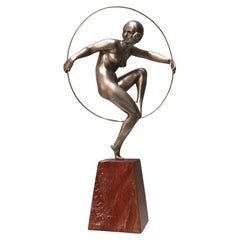 Marcel André Bourraine Bronze Art Deco Tänzerin mit Reifen