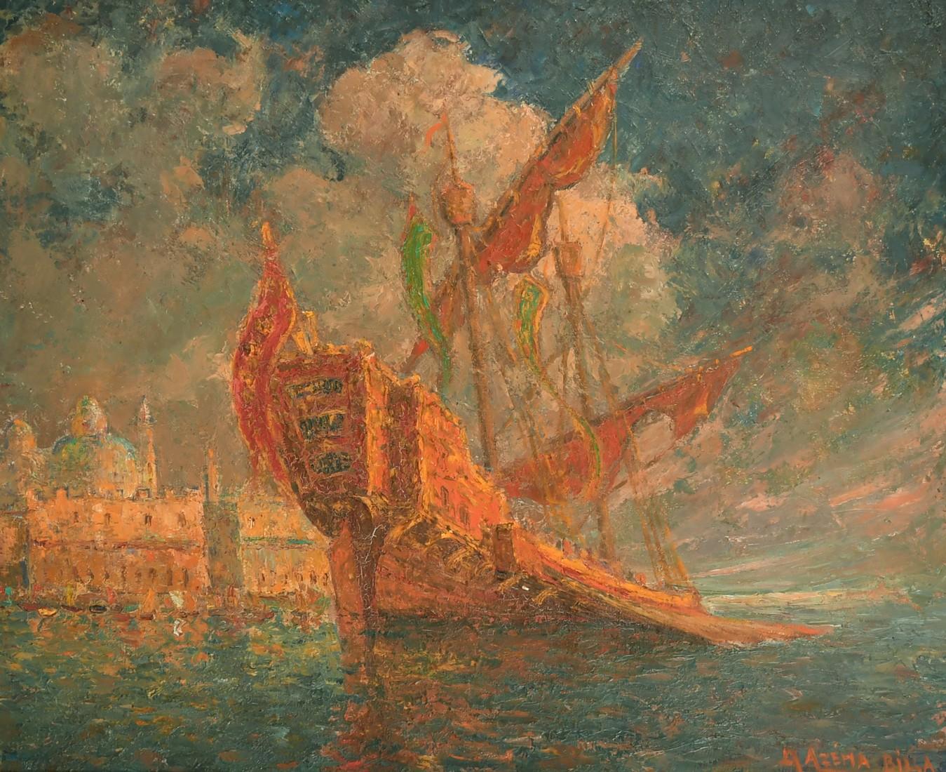 Landscape Painting Marcel Azema- Billa - MARCEL AZEMA-BILLA (1904-1999) SAILBOAT FRANÇAIS MOORED À Venise
