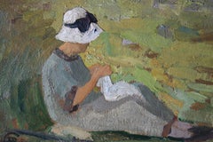 Peinture à l'huile impressionniste ancienne de l'école française représentant une femme