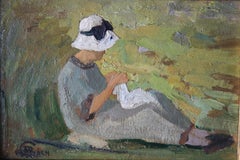 Peinture à l'huile impressionniste ancienne de l'école française représentant une femme