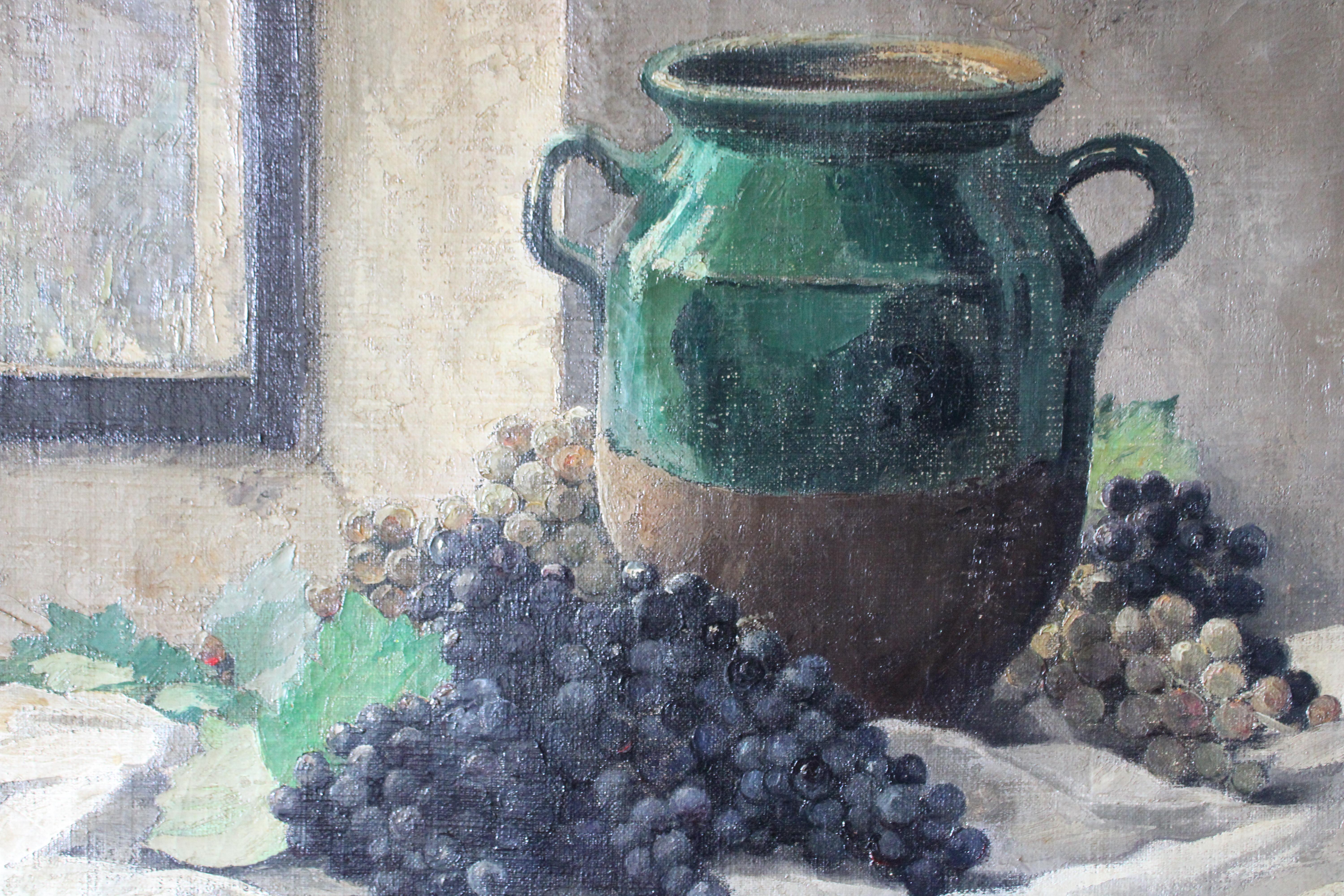 Antique Still Life oil painting, large oil painting jug and grapes - Painting by Marcel Bach