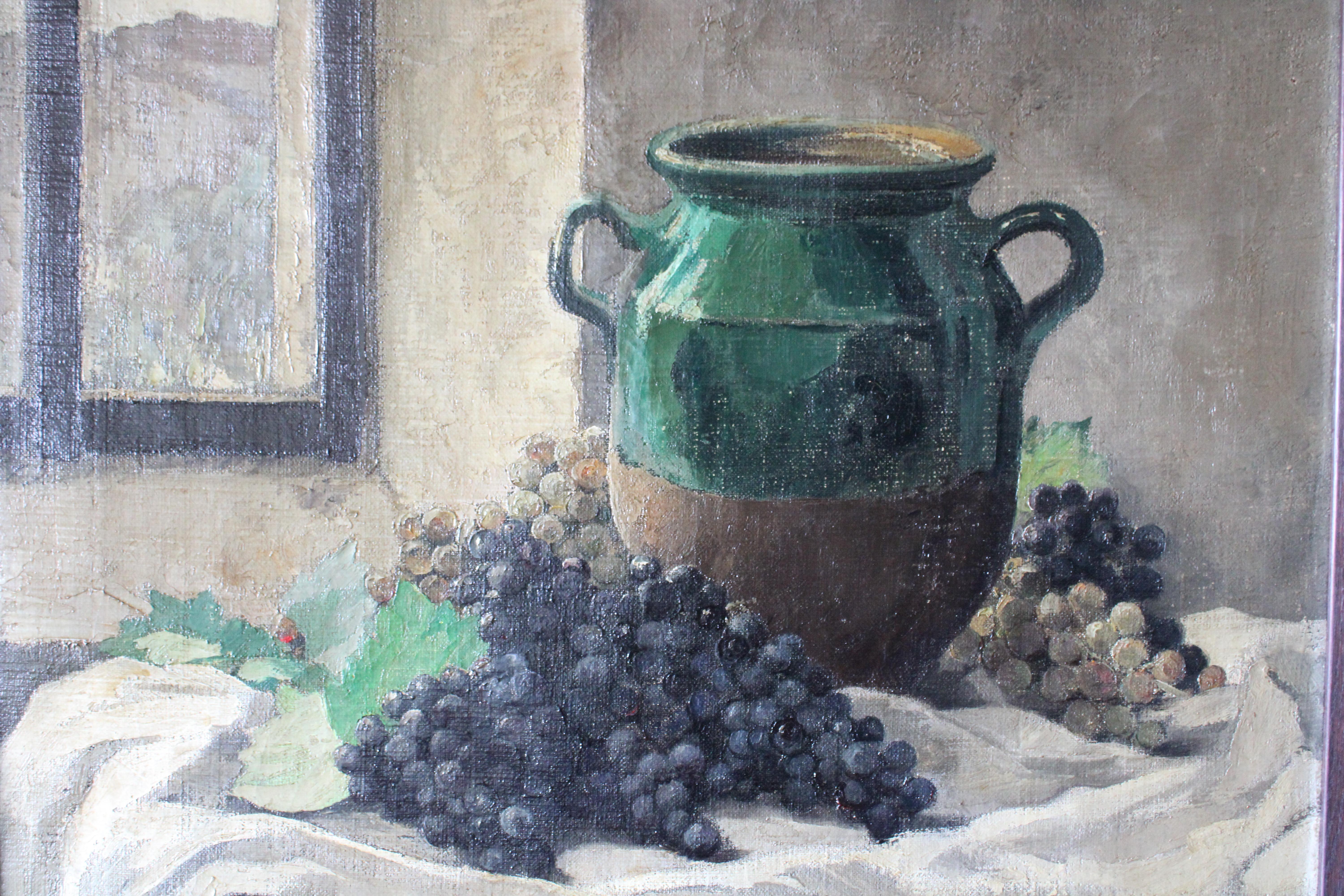 Antique Still Life oil painting, large oil painting jug and grapes - French School Painting by Marcel Bach