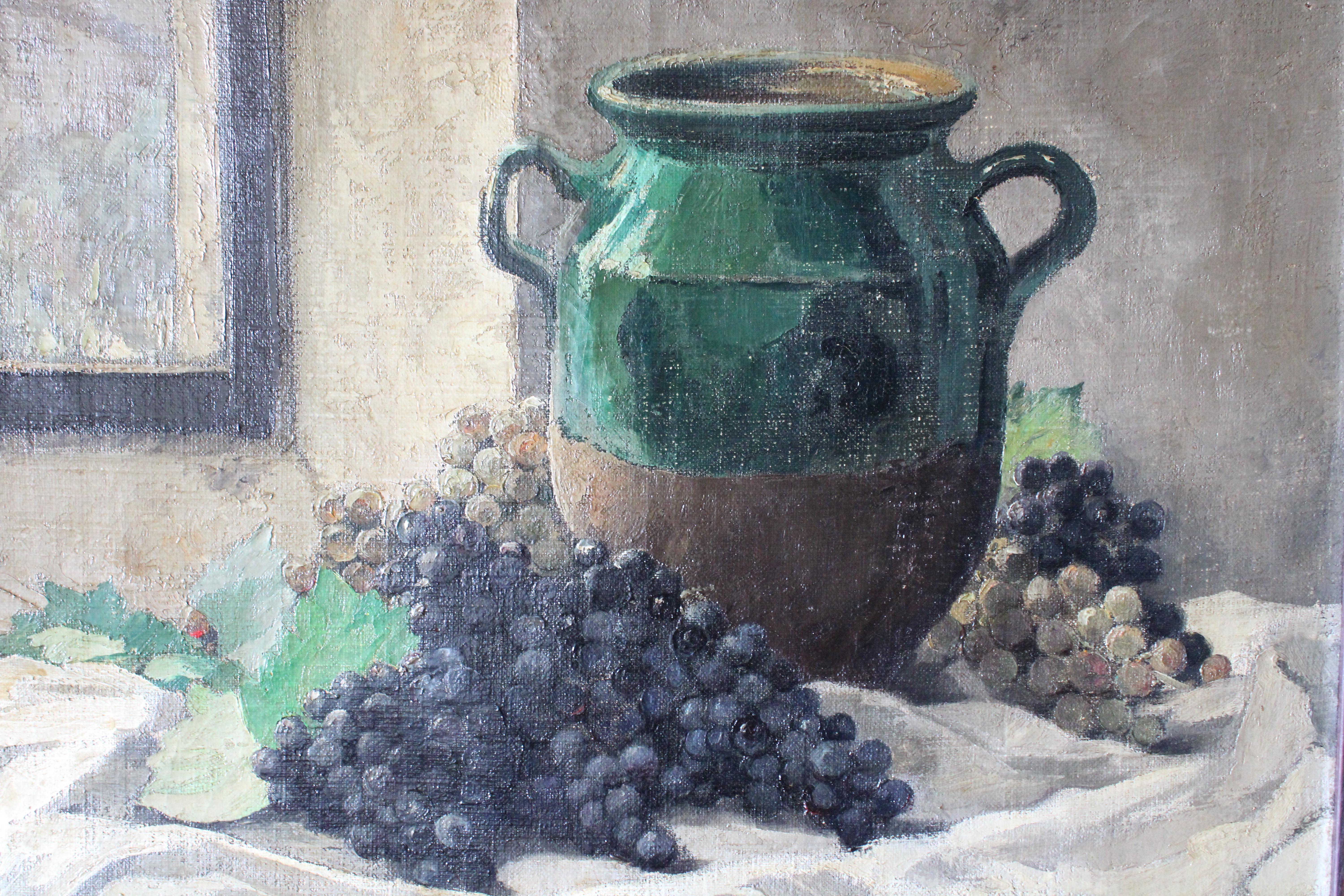 Large size French country still life oil painting, signed and dated 1928 by French artist Marcel Bach (1879-1950).  This is an unusual and eye catching still life or nature morte, beautifully painted by a clever, accomplished artist.  Embellished