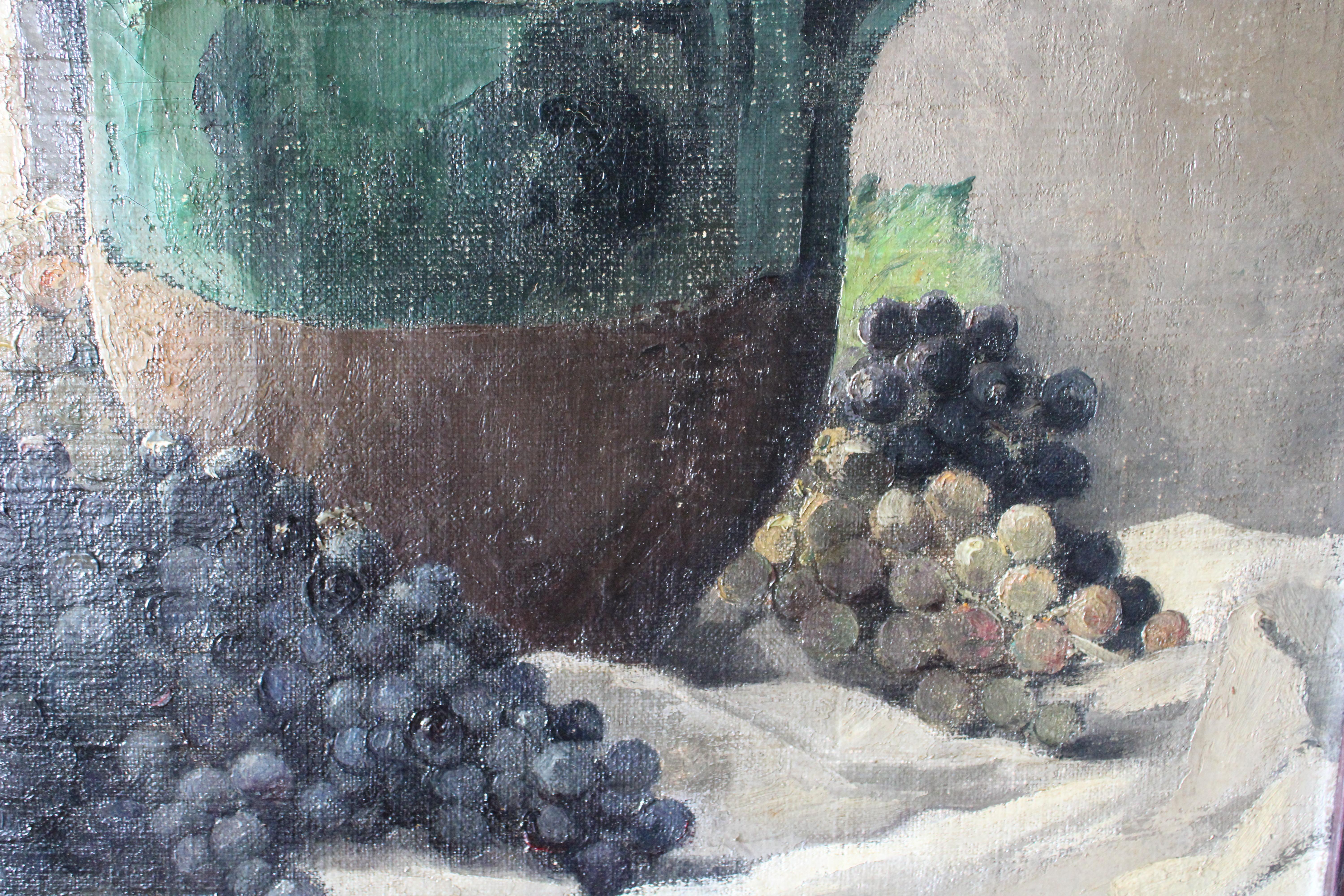 Antique Still Life oil painting, large oil painting jug and grapes For Sale 1
