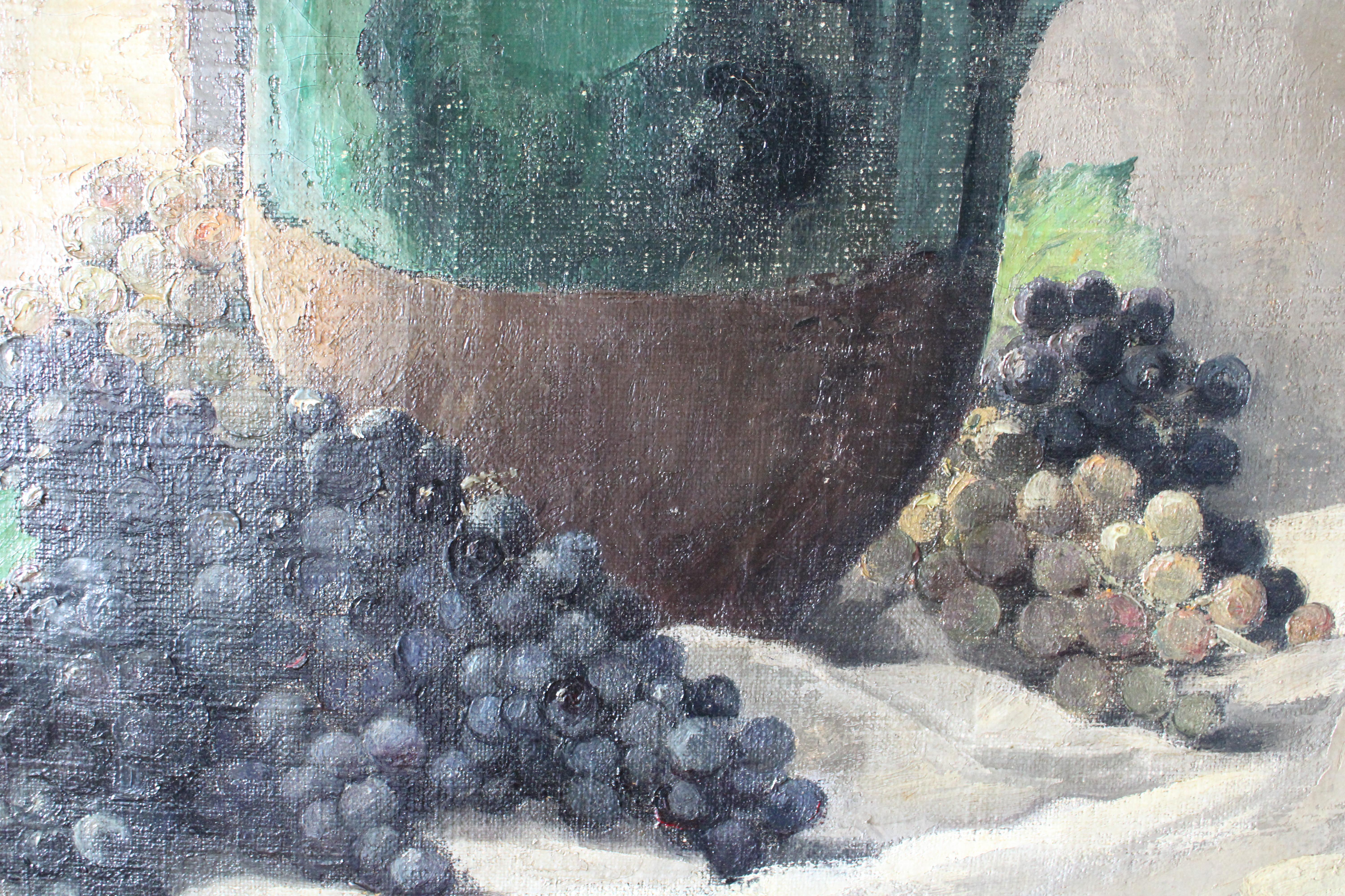 Antique Still Life oil painting, large oil painting jug and grapes For Sale 2
