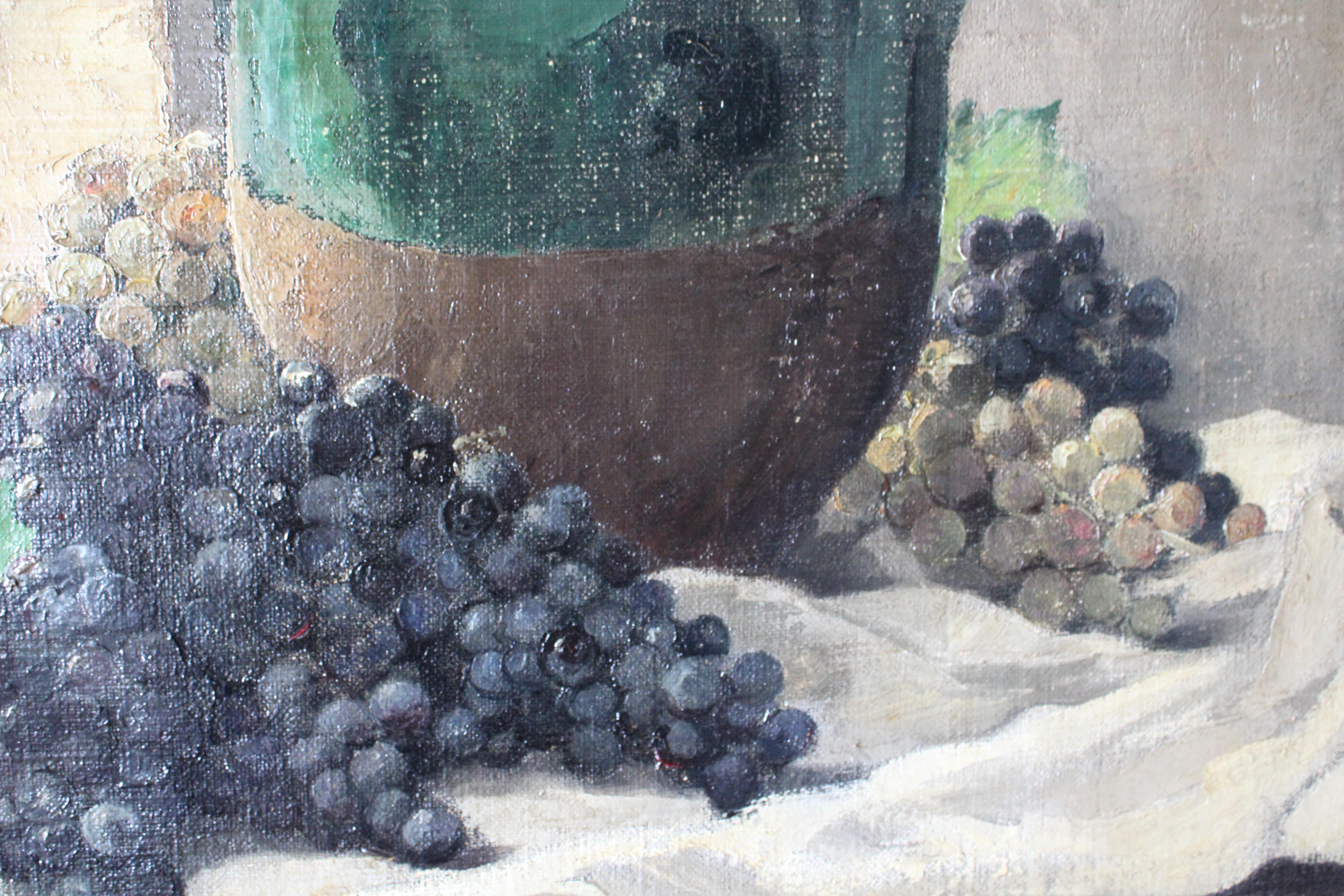Antique Still Life oil painting, large oil painting jug and grapes For Sale 3