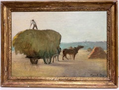 French Vintage Oil Painting Haycart Harvest Scene Figures & Horse Atmospheric