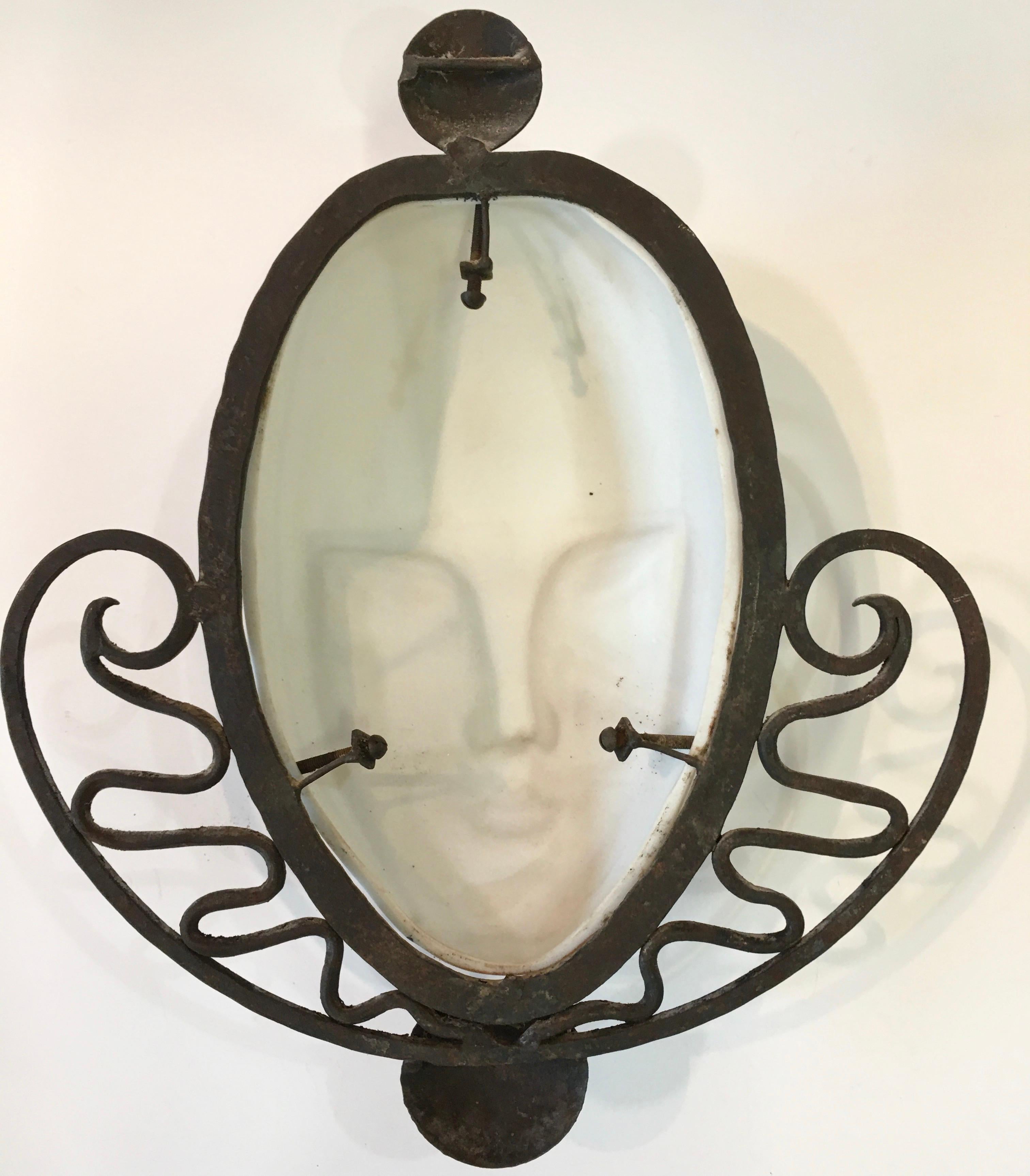 Art Deco Marcel Bever Porcelain Mask in Fer Forge Frame For Sale