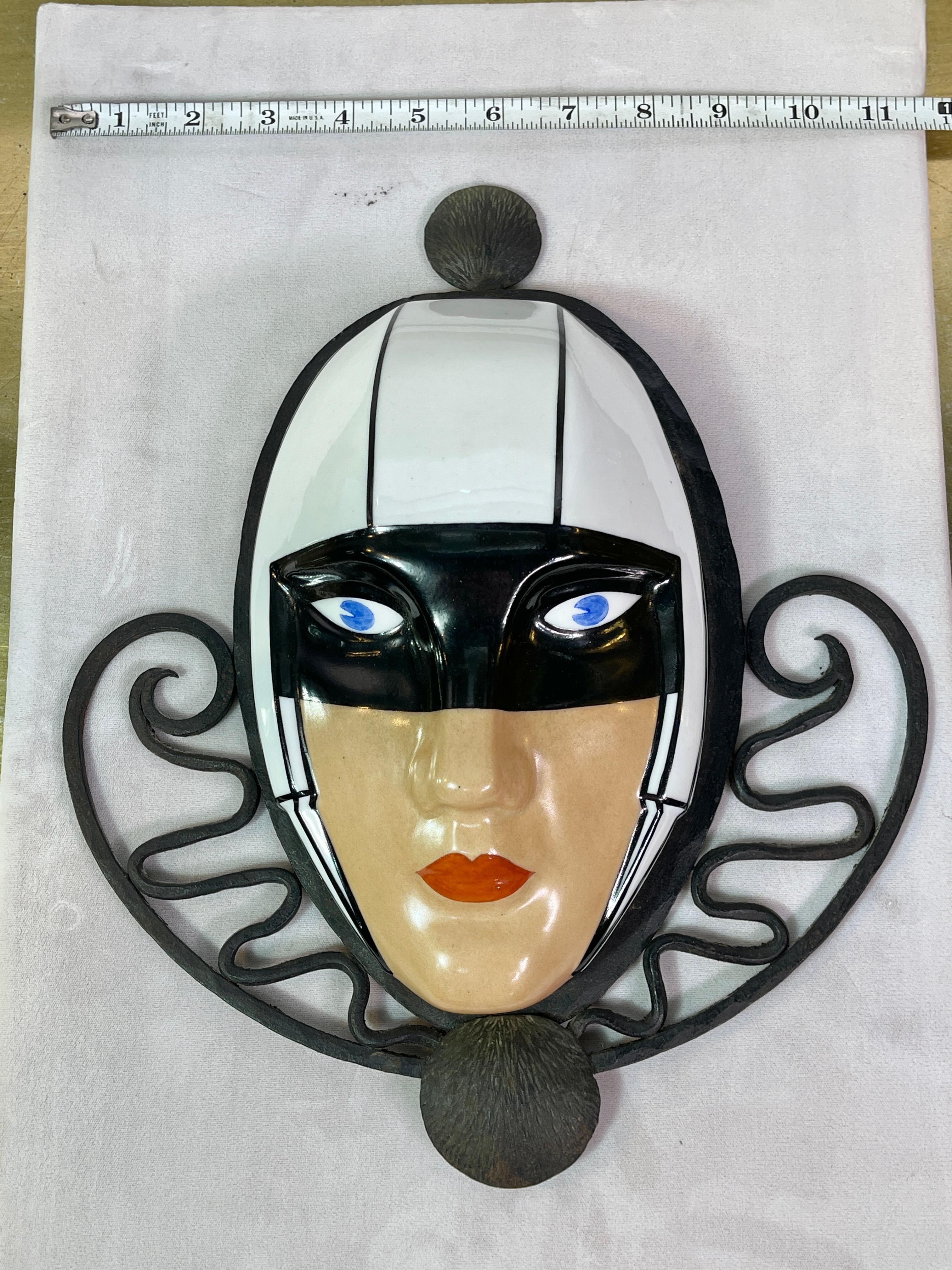 Early 20th Century Marcel Bever Porcelain Mask in Fer Forge Frame For Sale