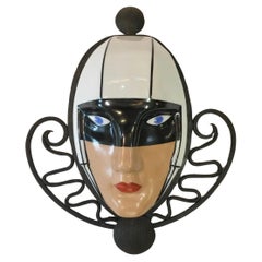 Antique Marcel Bever Porcelain Mask in Fer Forge Frame