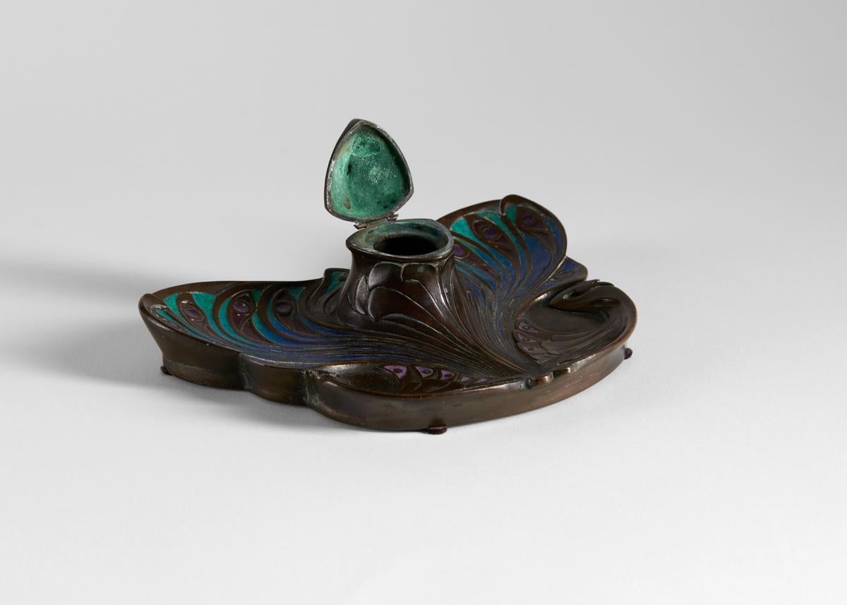 Marcel Bing, Jugendstil-Tintenfass mit Schmetterlingsmotiv aus emaillierter Bronze, Frankreich, 1905 (Art nouveau) im Angebot