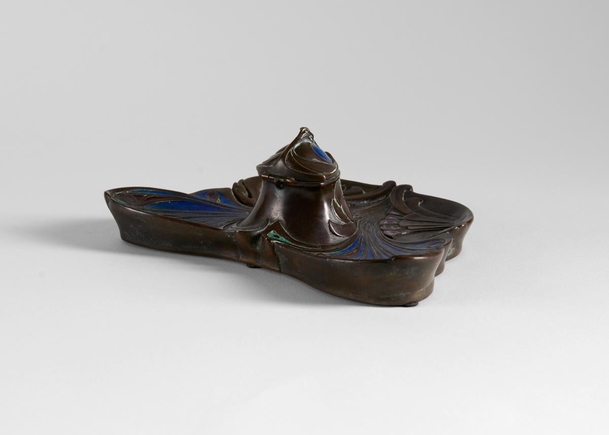 French Marcel Bing, Art Nouveau Butterfly Inkwell in Enameled Bronze, France, 1905 For Sale