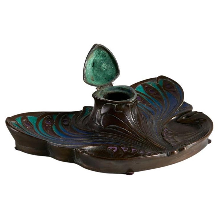 Marcel bing art nouveau butterfly inkwell in enameled bronze france