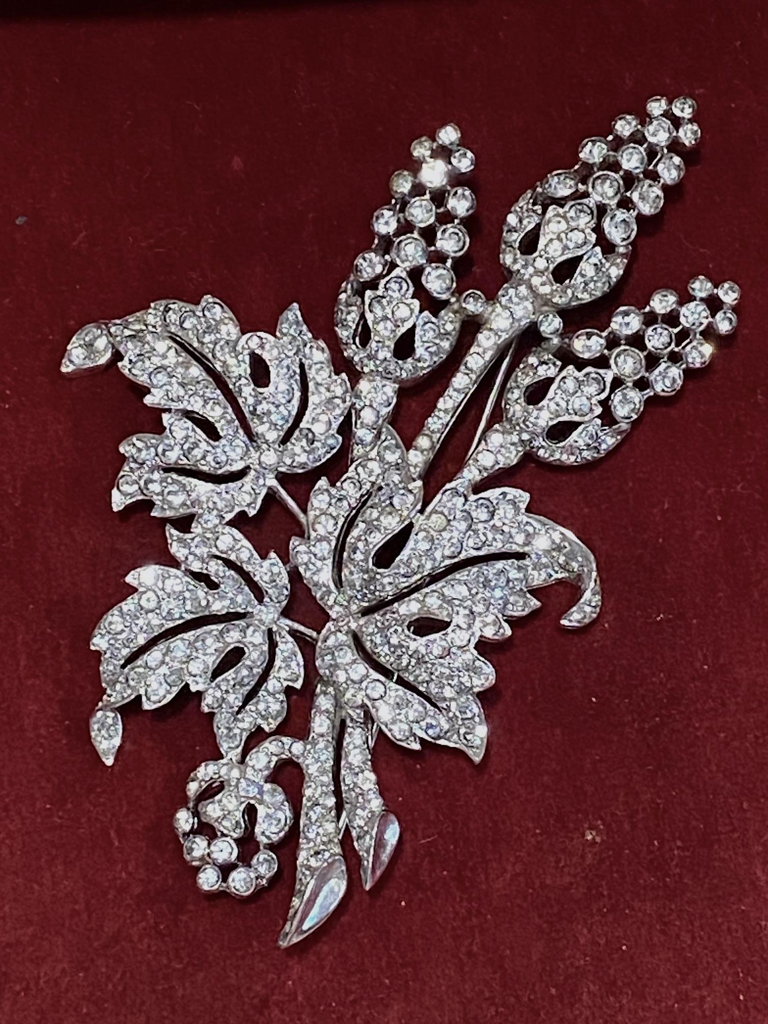 Art Deco Marcel Boucher Rhinestone Floral Brooch from 1941 For Sale