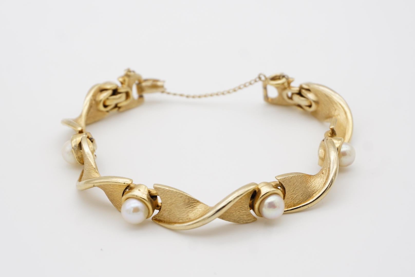 Marcel Boucher 1950s perles rondes blanches Spiral Twist Link Tennis Gold Bracelet 5