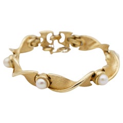 Marcel Boucher 1950er Jahre Goldarmband mit weißen runden Perlen und Spiral-Twist-Gliederarmband