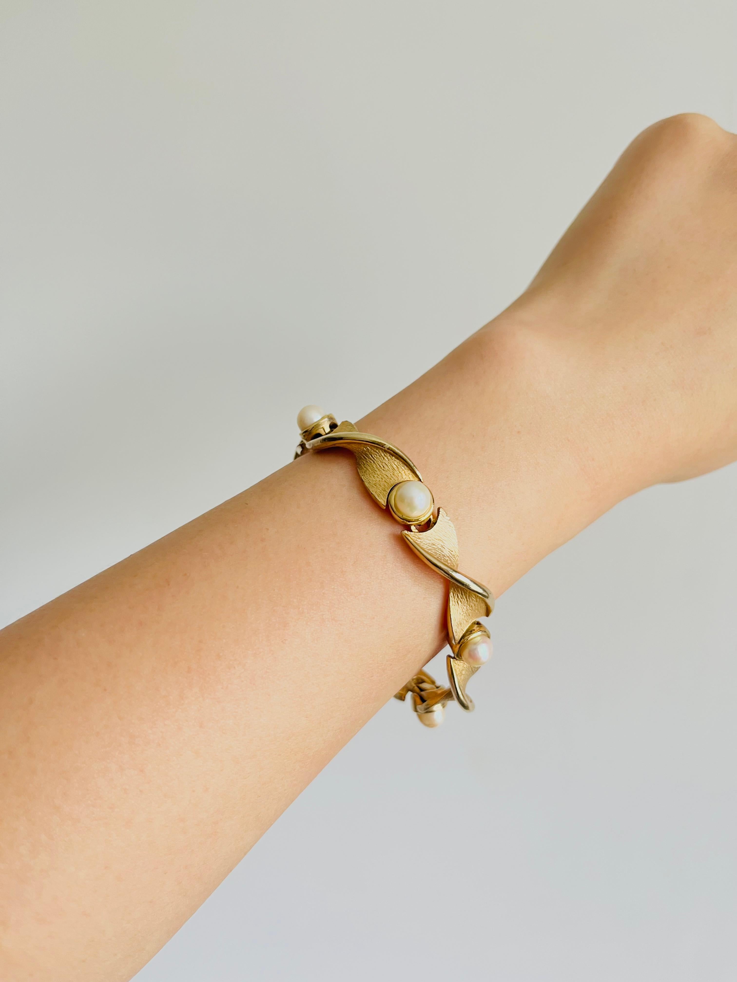  Marcel Boucher 1950s perles rondes blanches Spiral Twist Link Tennis Gold Bracelet Unisexe 
