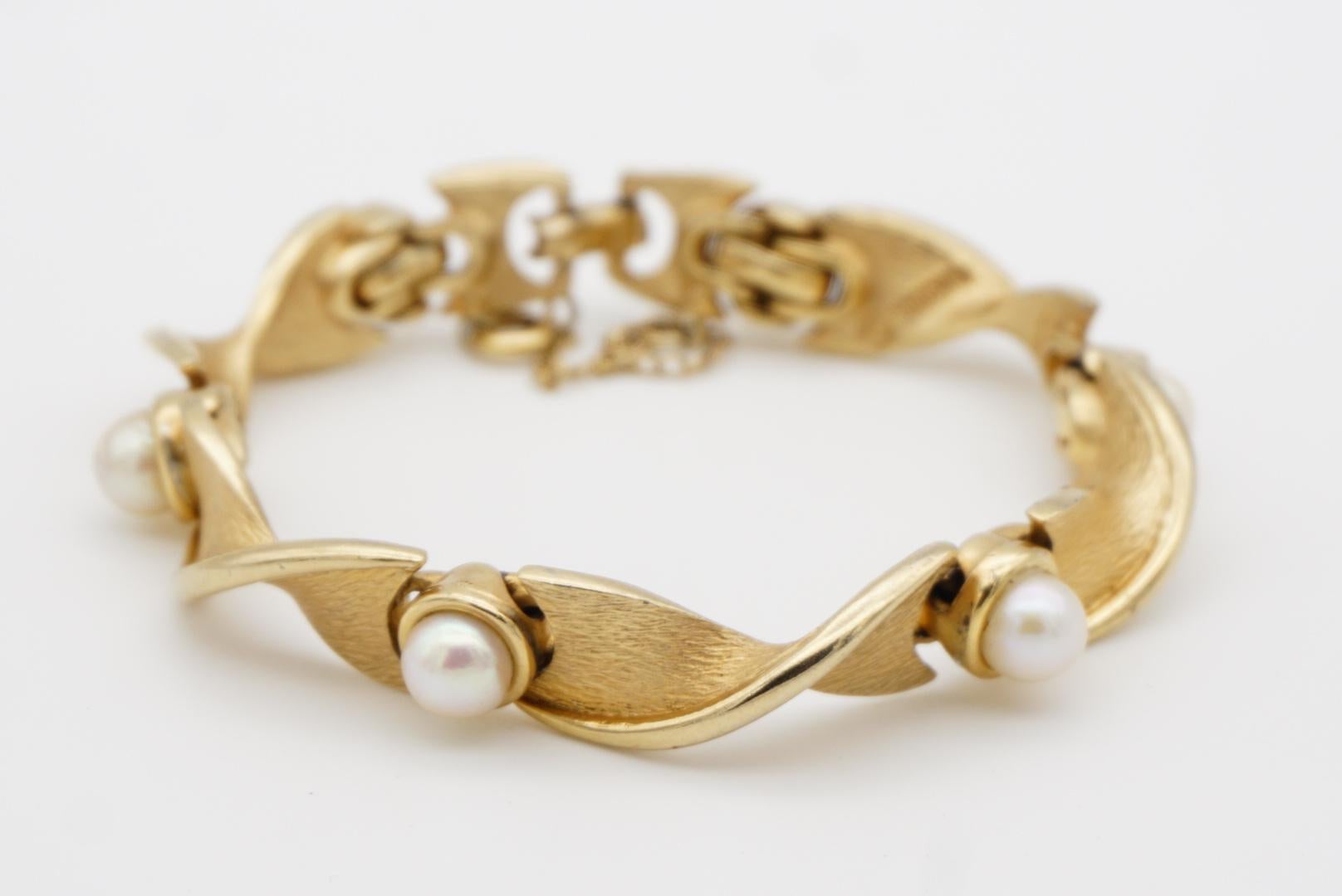 Marcel Boucher 1950s perles rondes blanches Spiral Twist Link Tennis Gold Bracelet 3