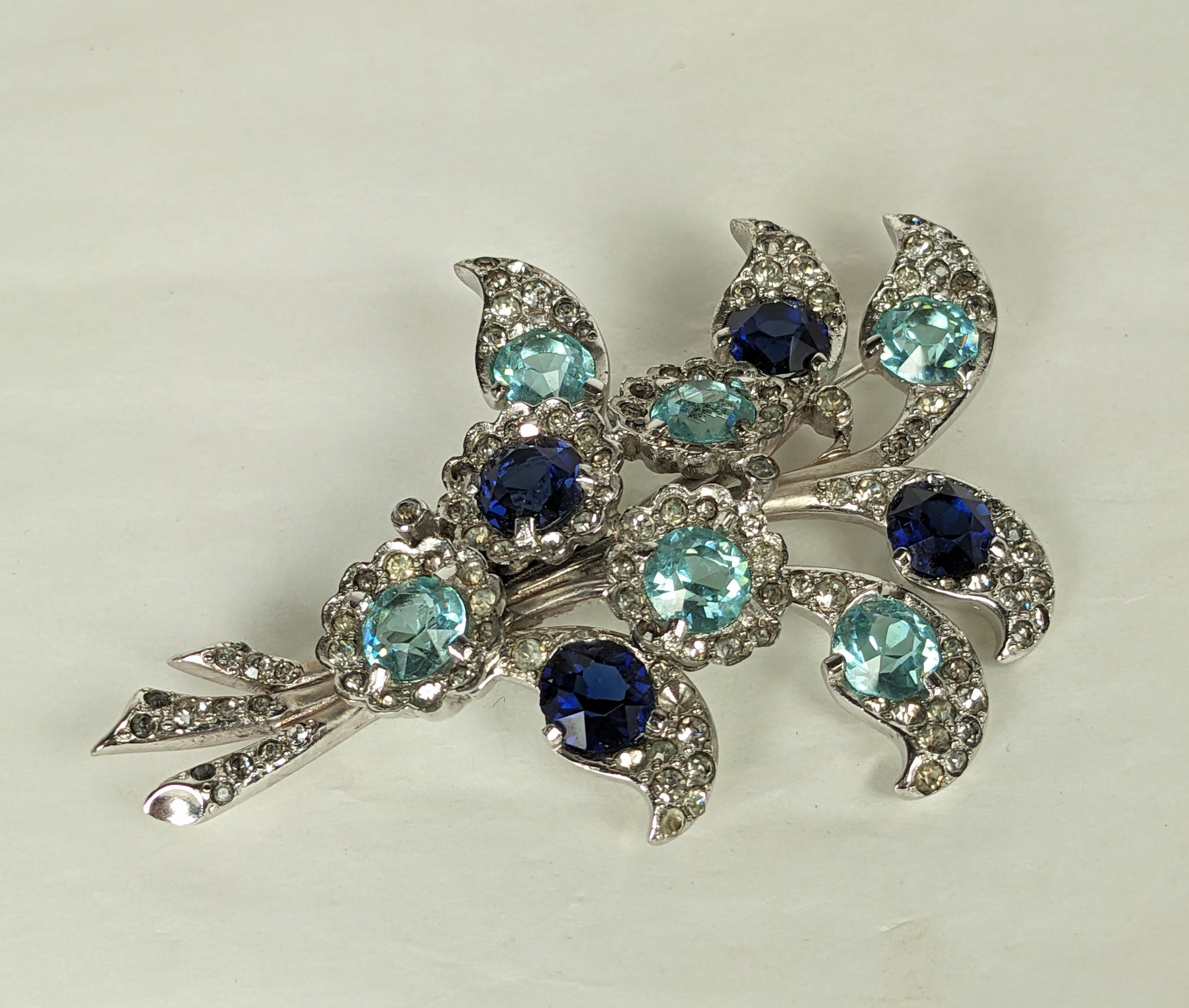 Art Deco Marcel Boucher Aquamarine and Sapphire Floral Spray Brooch For Sale